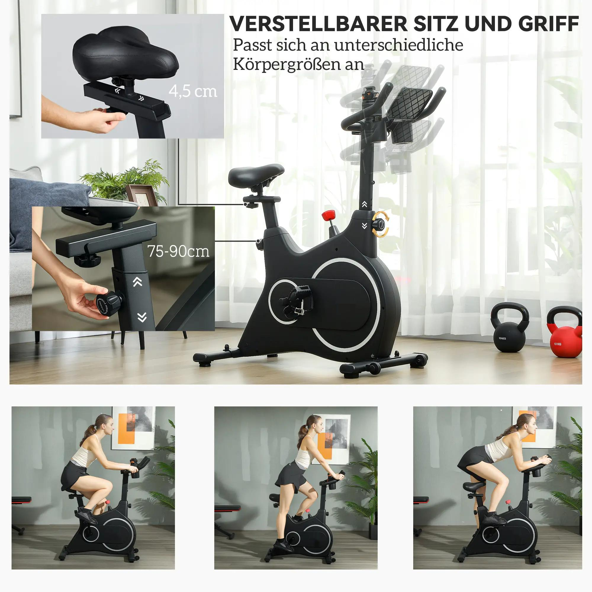 Ein schwarzes stationäres Fahrrad mit Text, der den verstellbaren Sitz und Griff sowie drei Trainingsvarianten beschreibt.
