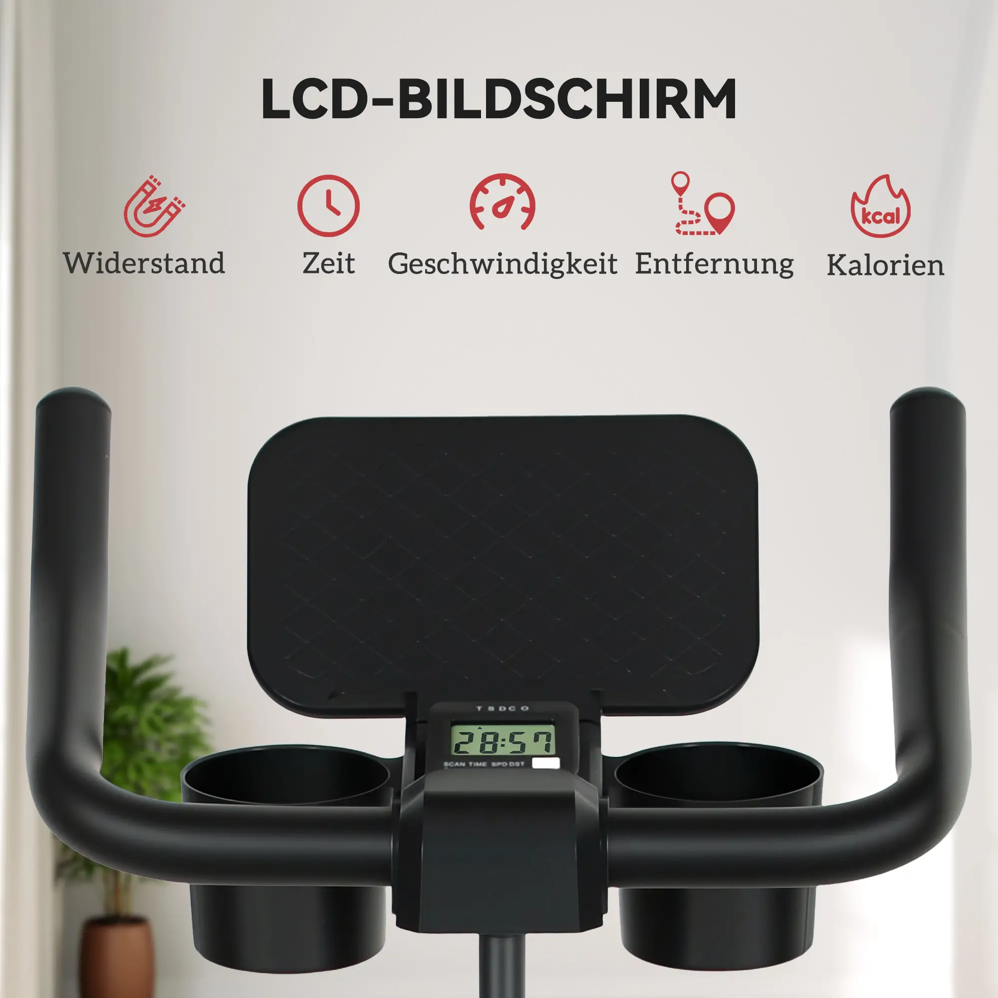 Schwarzes Trainingsfahrrad mit LCD-Bildschirm, der Zeit und andere Trainingsdaten anzeigt. Inklusive Getränkehalter und Griffe.