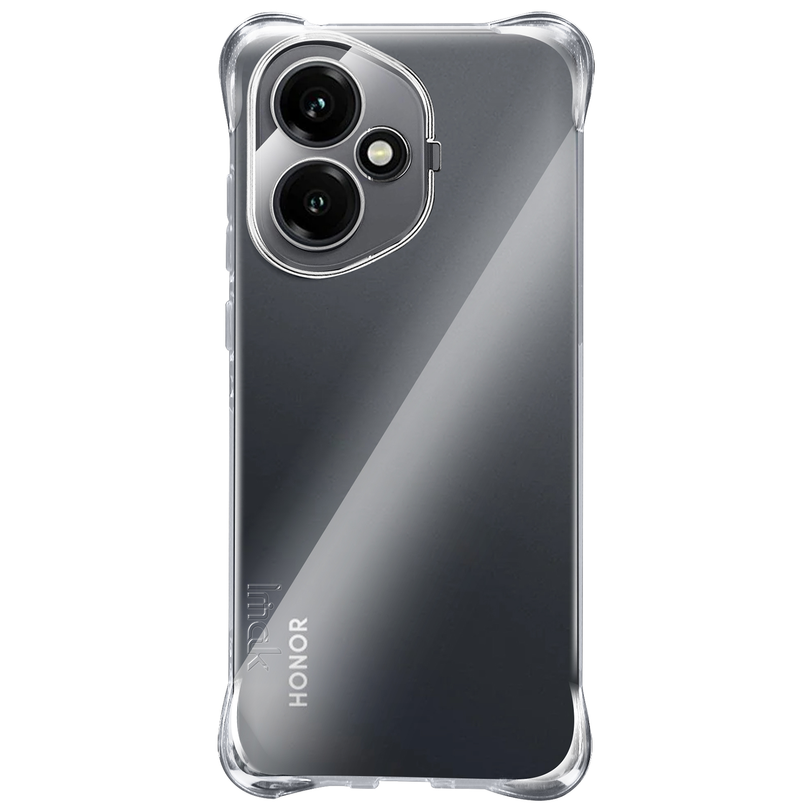Coque de téléphone transparente avec un dégradé. Affiche le mot 'HONOR' et deux lentilles d'appareil photo avec un flash.