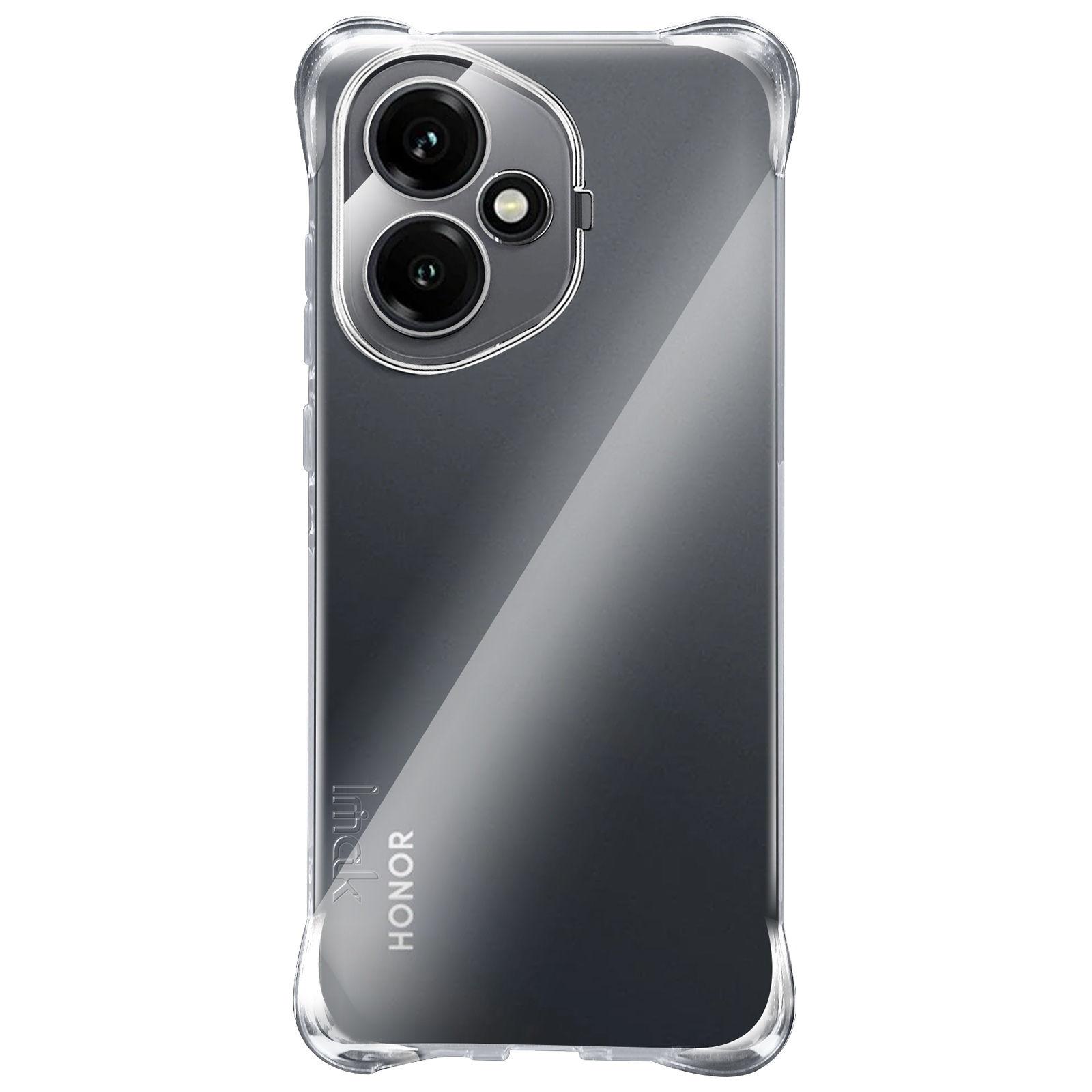 Coque de téléphone transparente avec un dégradé bleu et rose, présentant l'appareil photo du téléphone et la marque HONOR.