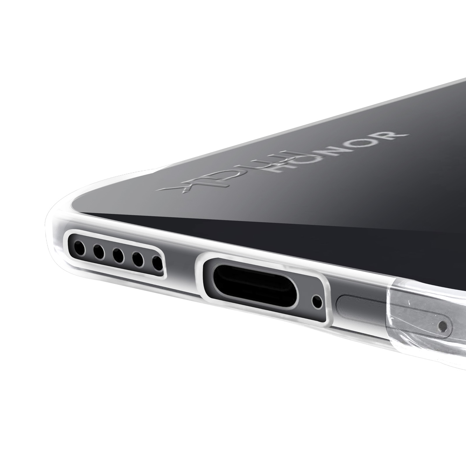 Gros plan du bord inférieur d'un téléphone avec une coque transparente, montrant les trous du haut-parleur et un port de charge.