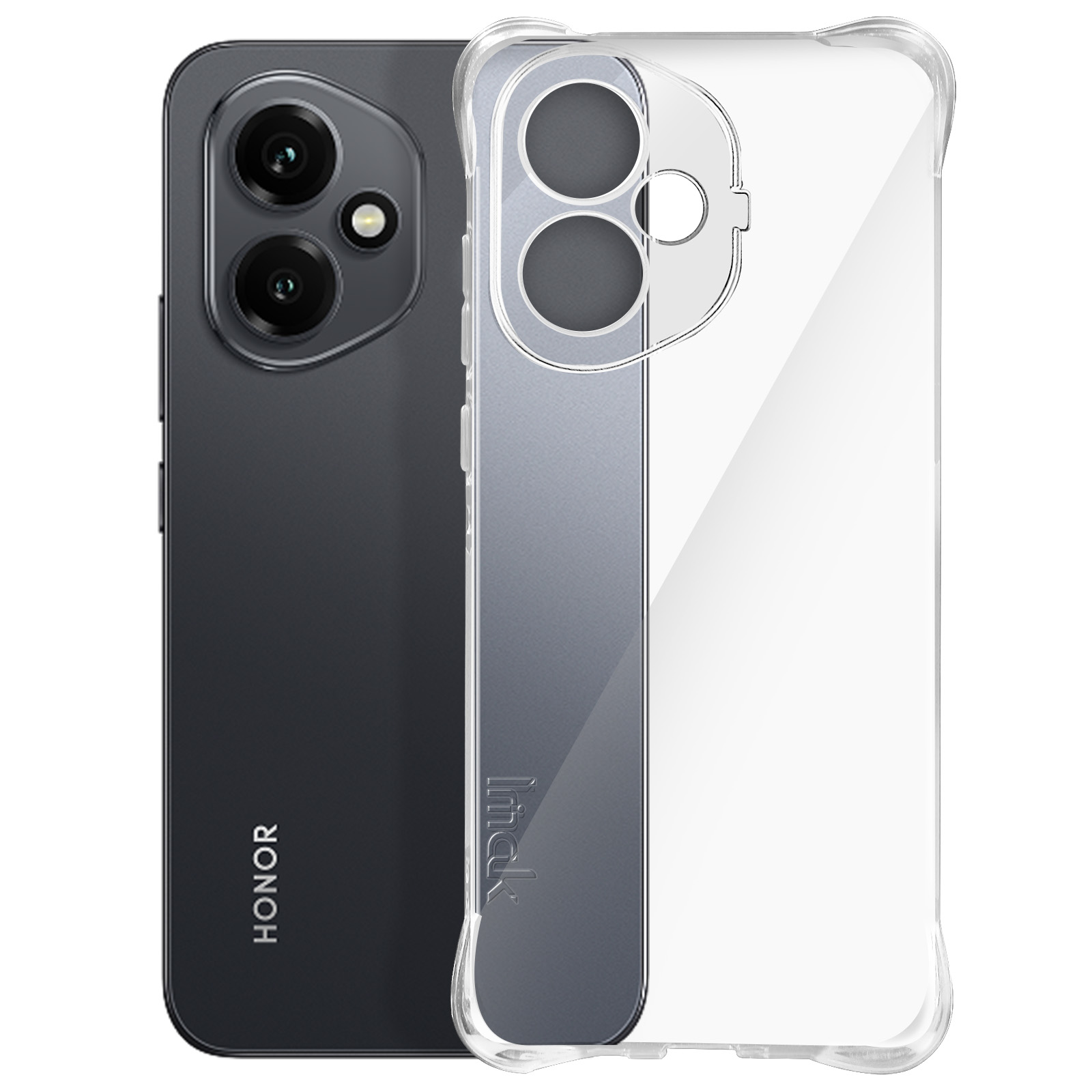 Téléphone avec une coque transparente. Il a deux caméras et le mot 'HONOR' imprimé au dos du téléphone.