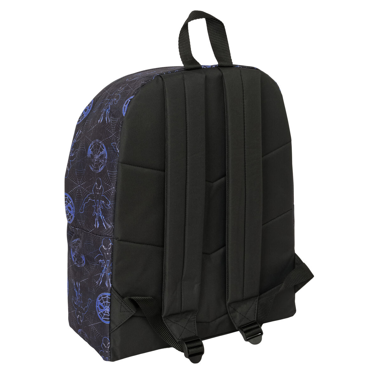 Rückseite eines Spider-Man-Rucksacks. Mit dem Spider-Man-Muster, schwarzen Trägern und einem Griff. Die Rückseite ist schwarz.