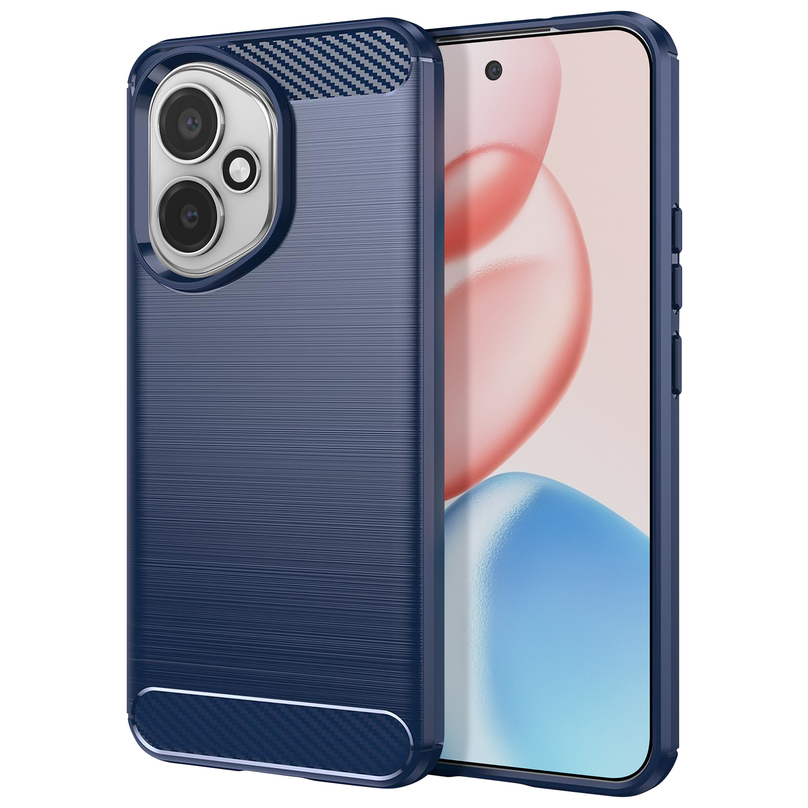 Custodia blu per telefono con ritagli per doppia fotocamera e un telefono con schermo.