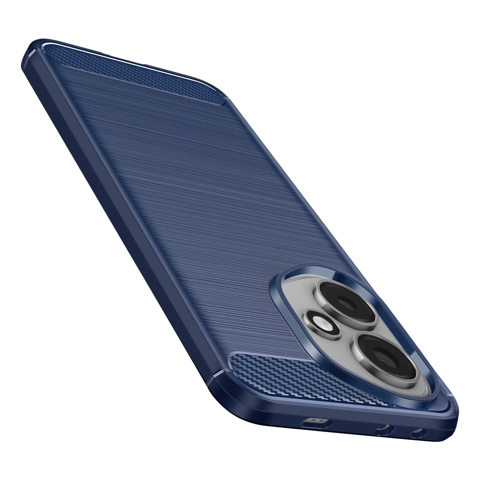 Una custodia blu per telefono con fori per fotocamera. Presenta una superficie strutturata.