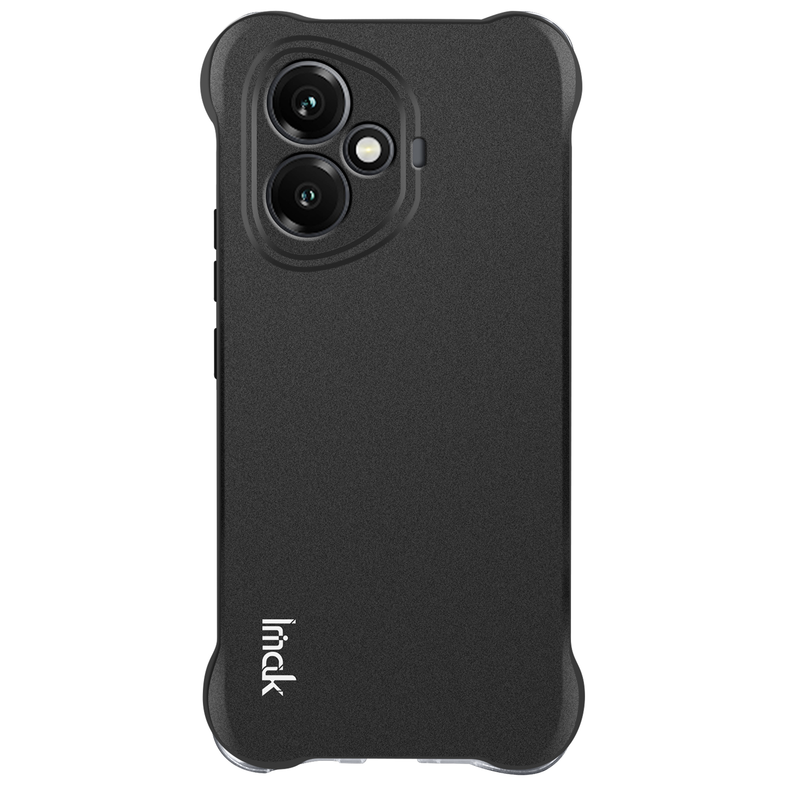 Custodia nera per telefono con ritagli per doppia fotocamera e il marchio 'Imak'.