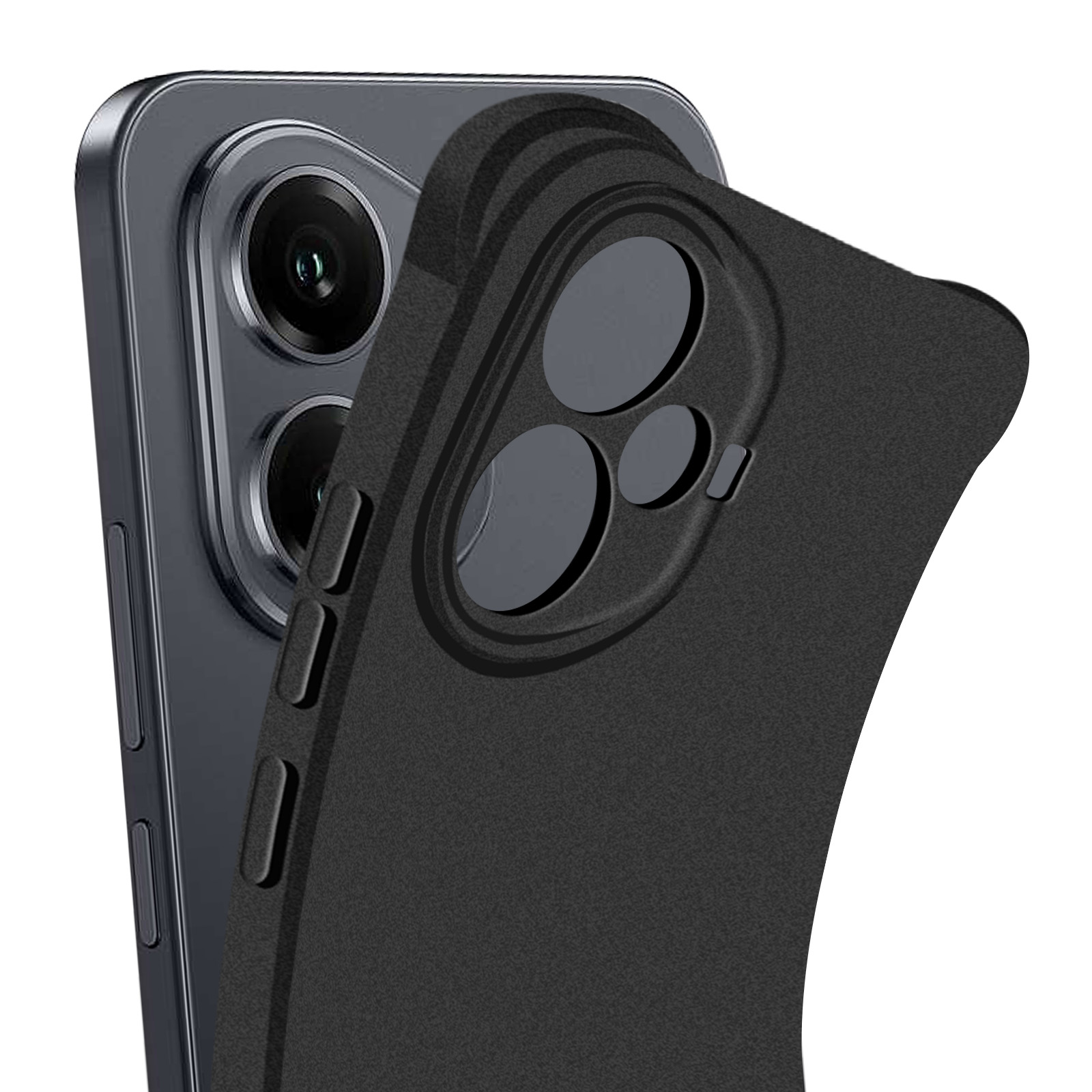 Custodia nera per telefono con ritagli per fotocamera che copre un telefono.