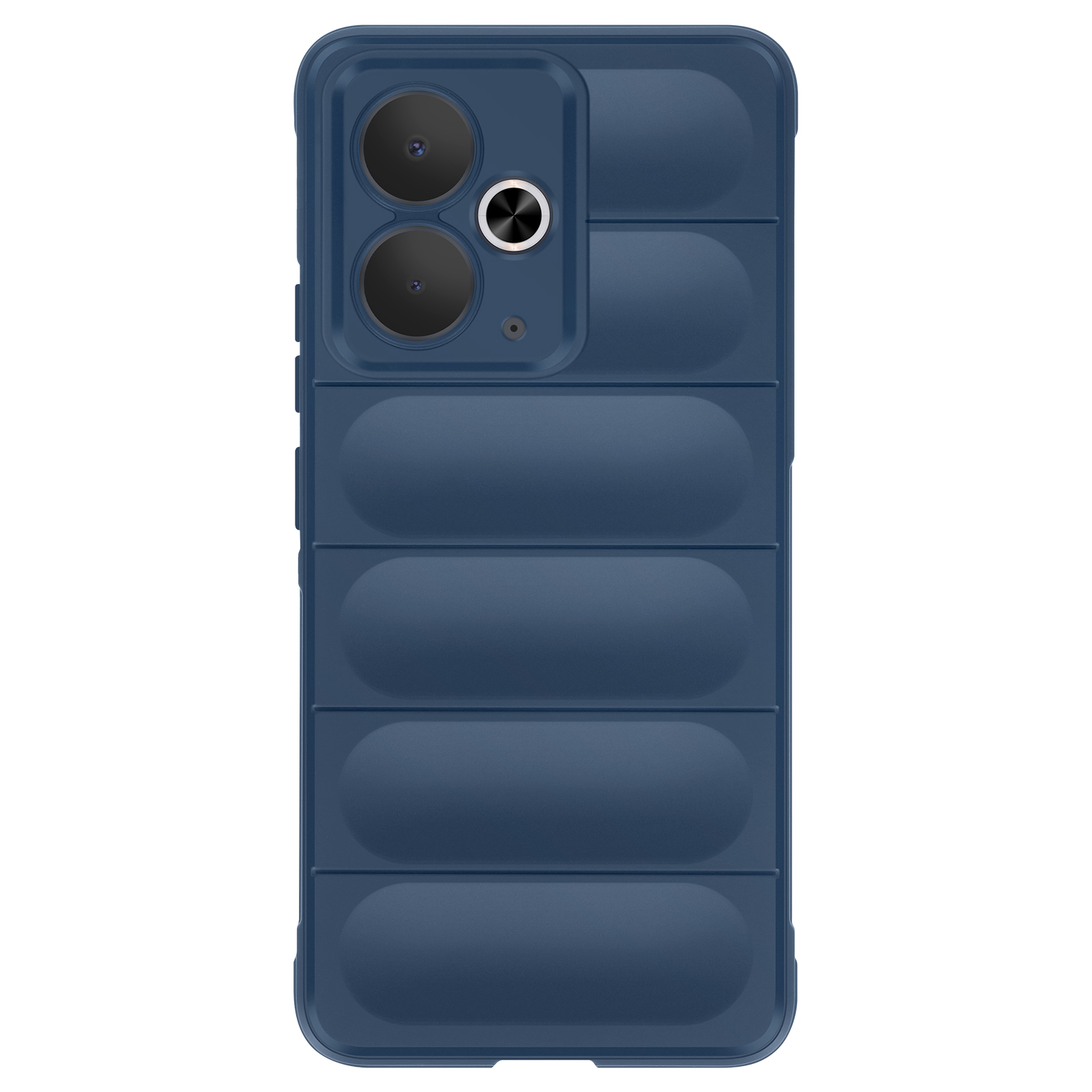 Una custodia blu per telefono con fori per fotocamera. Ha una superficie strutturata.