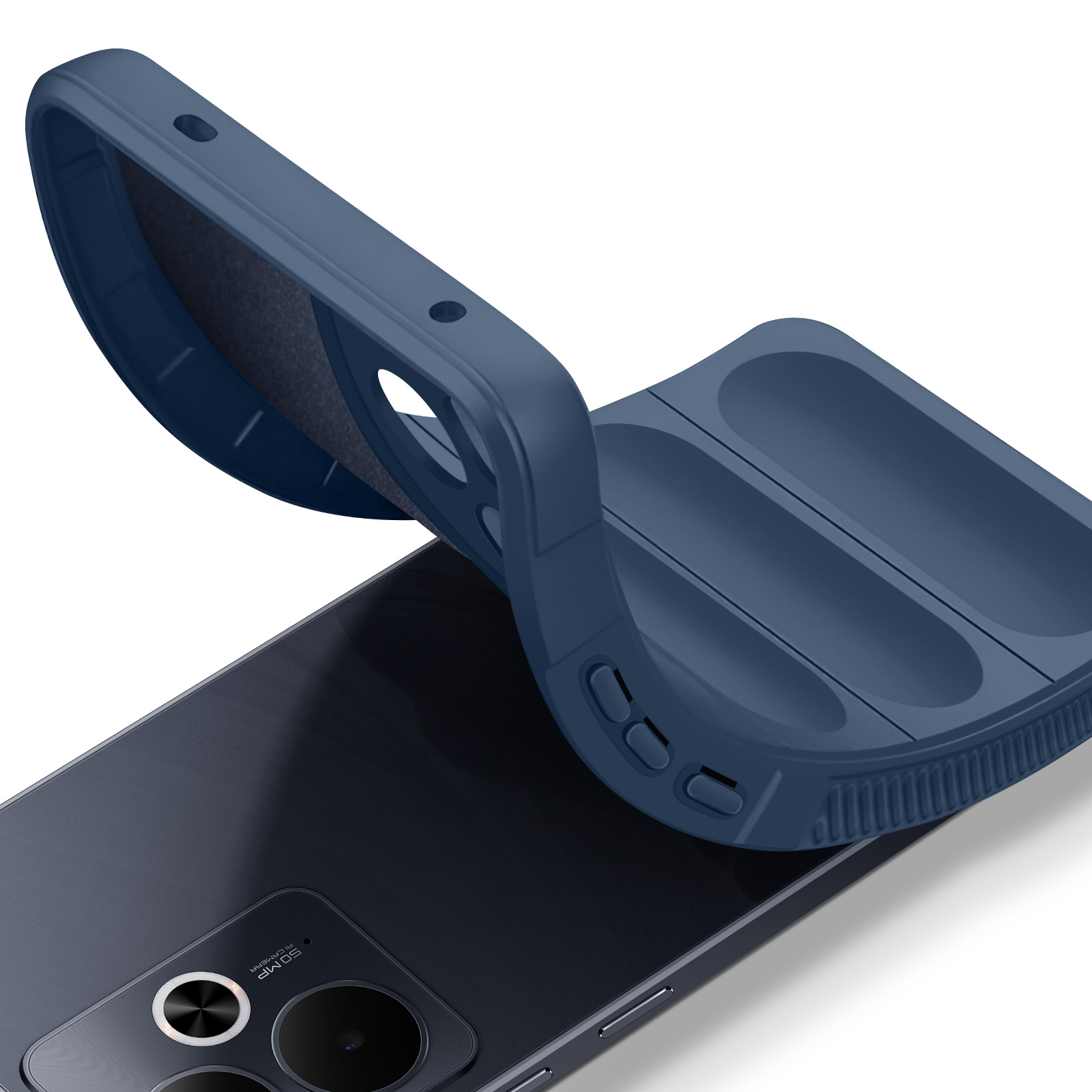 Una custodia per telefono viene piegata per mostrare la flessibilità del materiale. Il telefono è visibile.