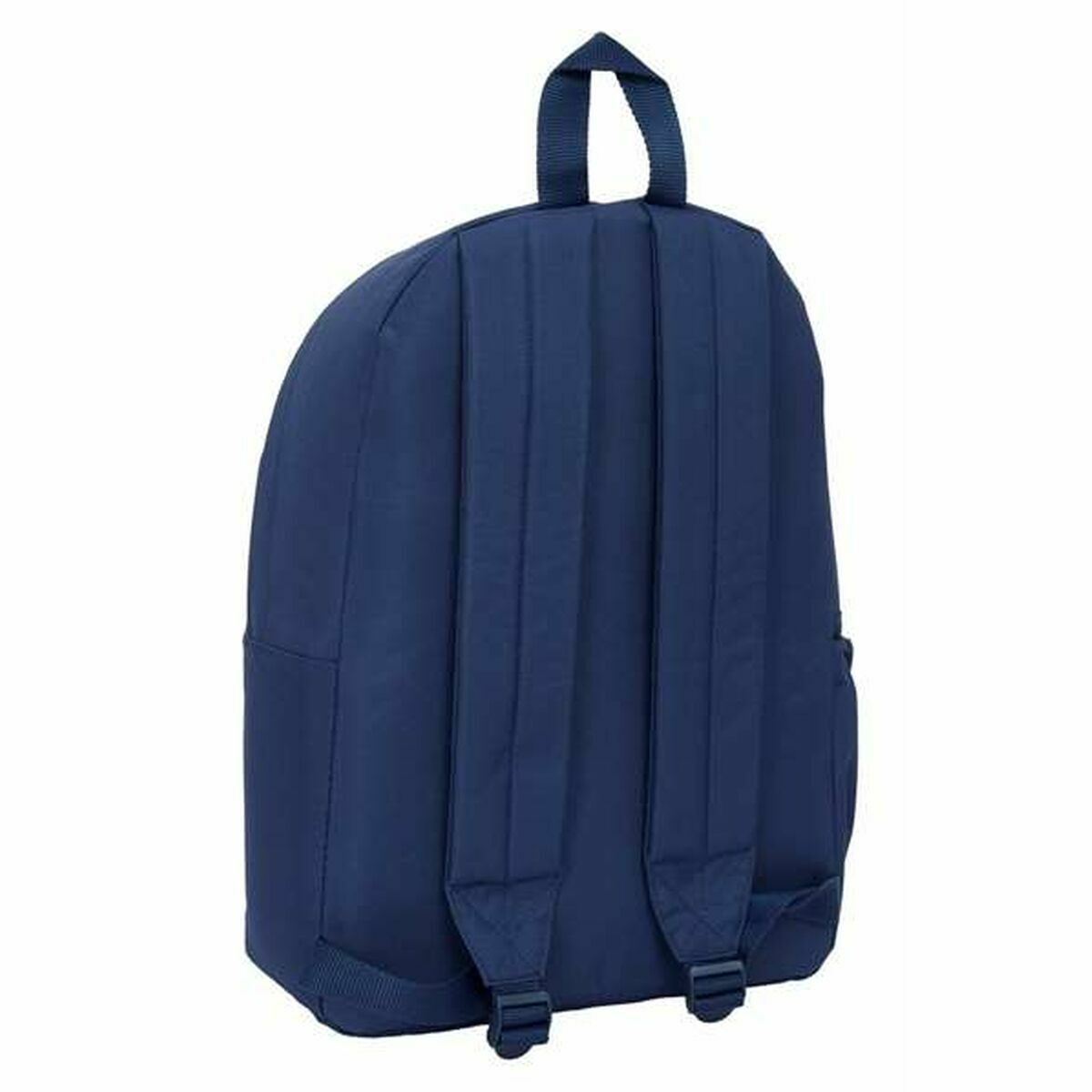 Ein marineblauer Rucksack mit zwei Schultergurten und einem Griff.