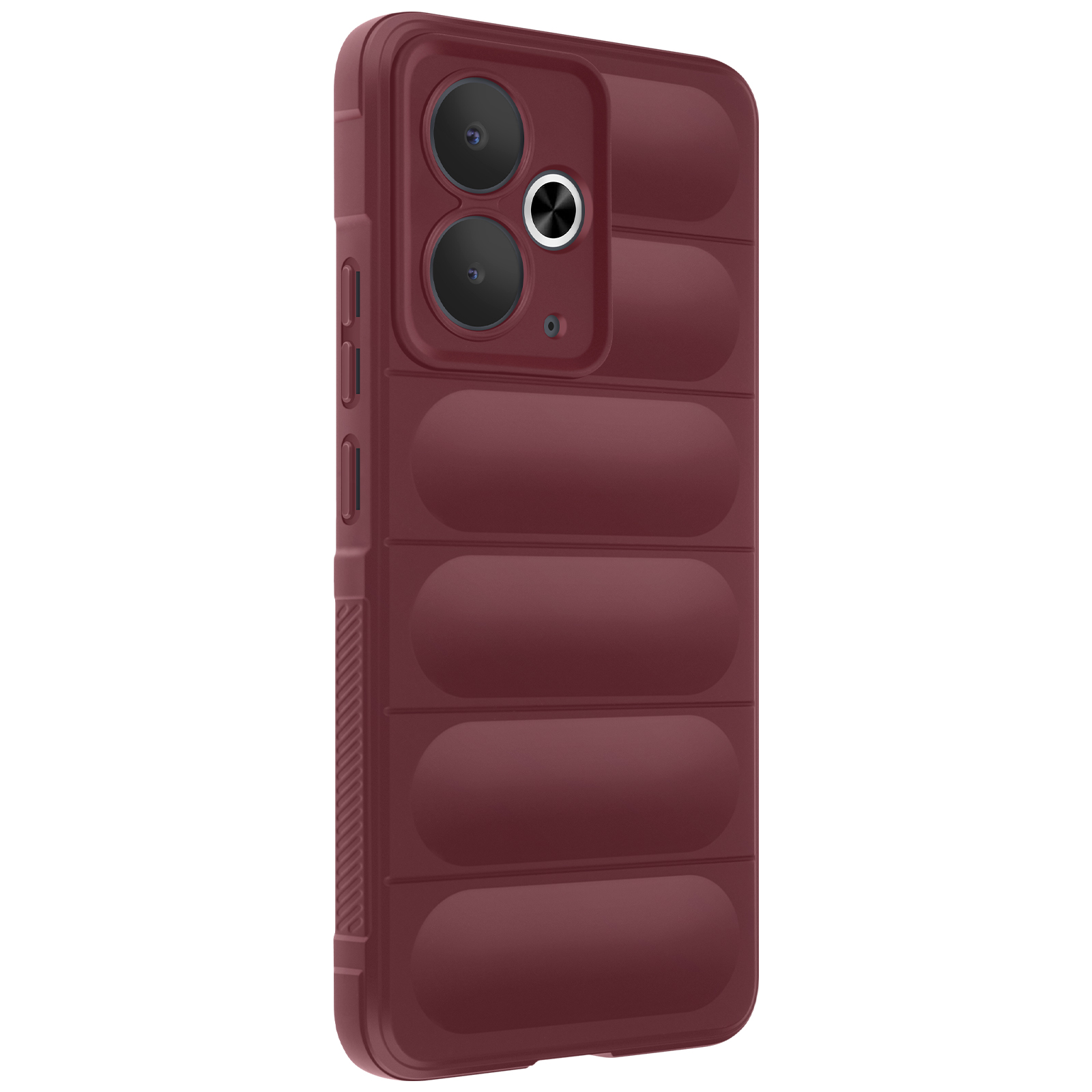 Custodia per telefono bordeaux con fori per fotocamera. Ha una superficie strutturata.