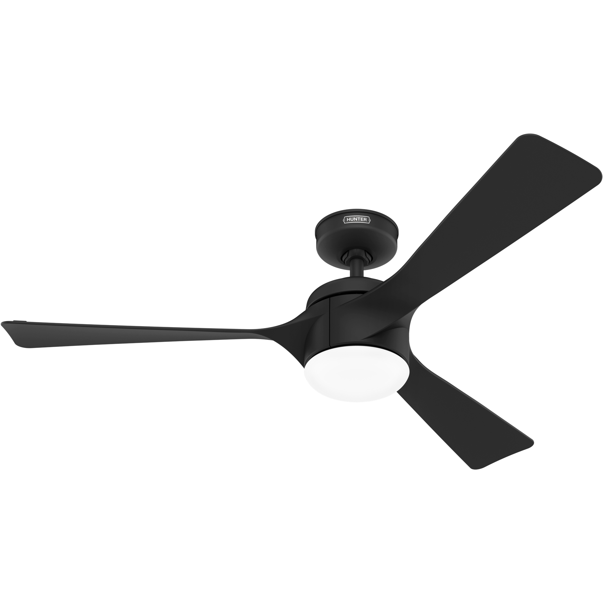 Schwarzer Deckenventilator mit drei gebogenen Flügeln, einem zentralen Licht und dem Hunter-Logo.