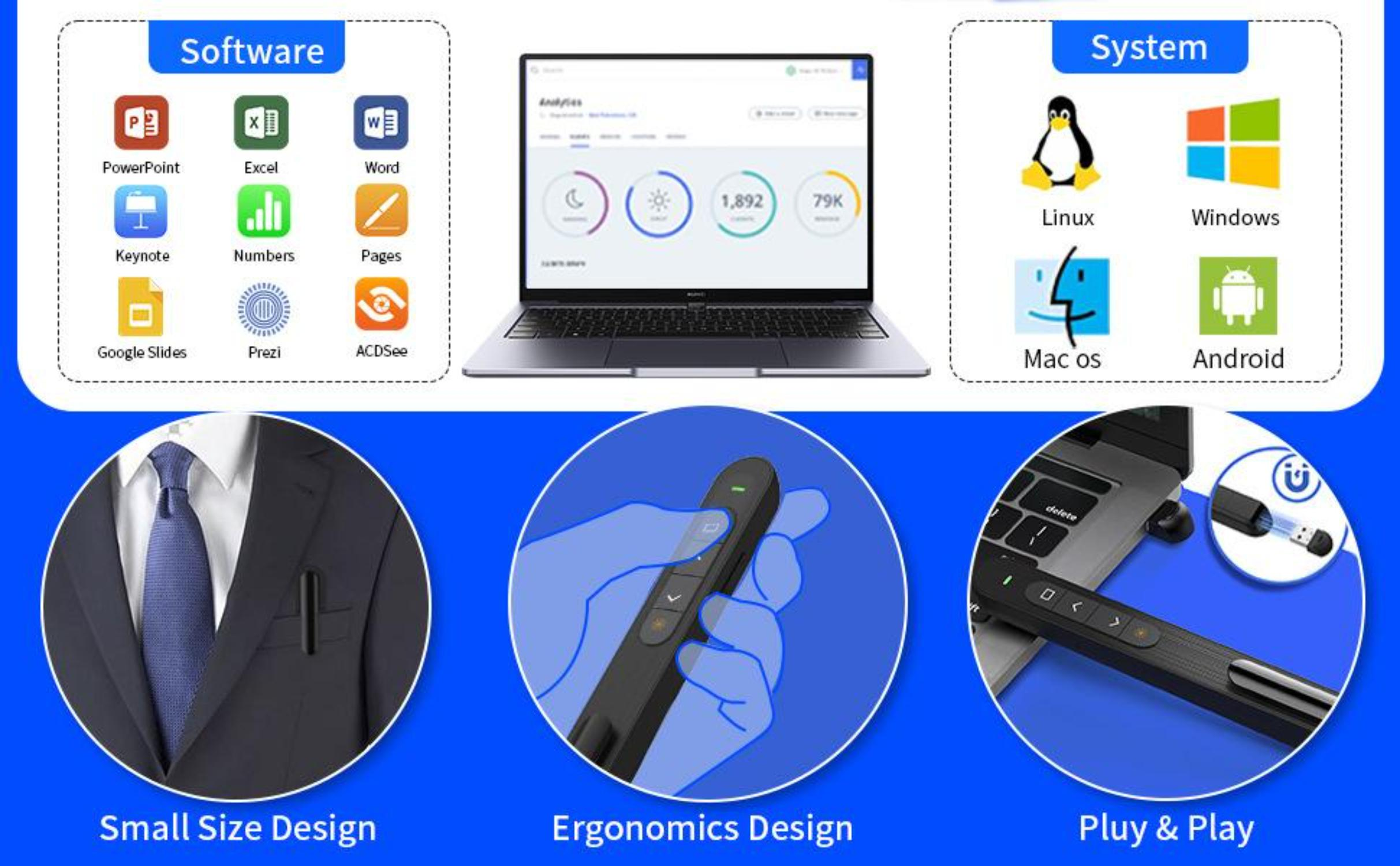 Bild zeigt einen Laptop, Software-Icons und einen Präsentator mit Designdetails.