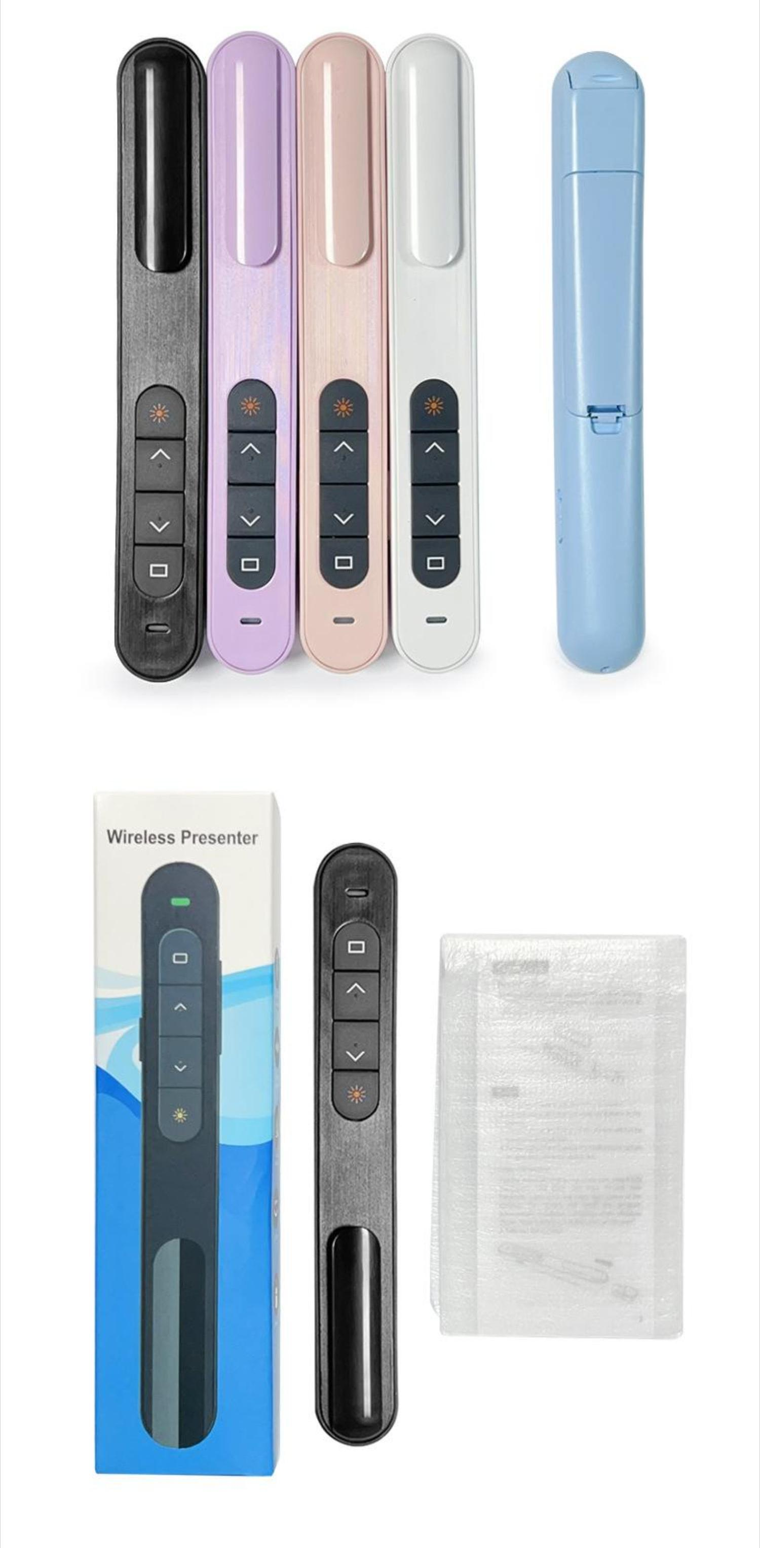 Verschiedene kabellose Präsentationsgeräte in verschiedenen Farben, mit Verpackung und USB-Empfänger.
