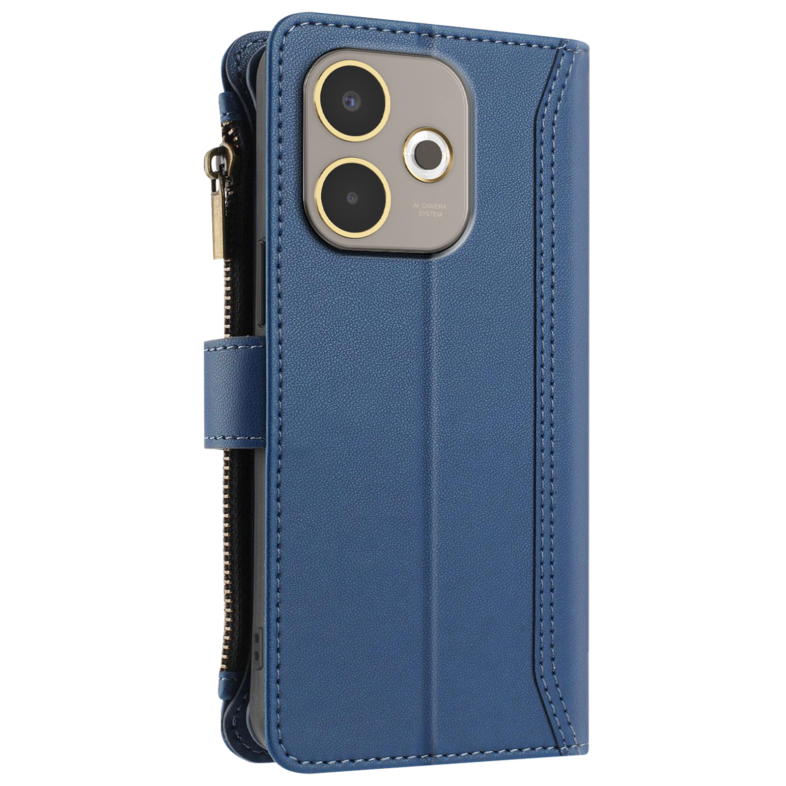Una custodia blu per telefono con ritaglio per la fotocamera. Ha una cerniera e un cinturino.