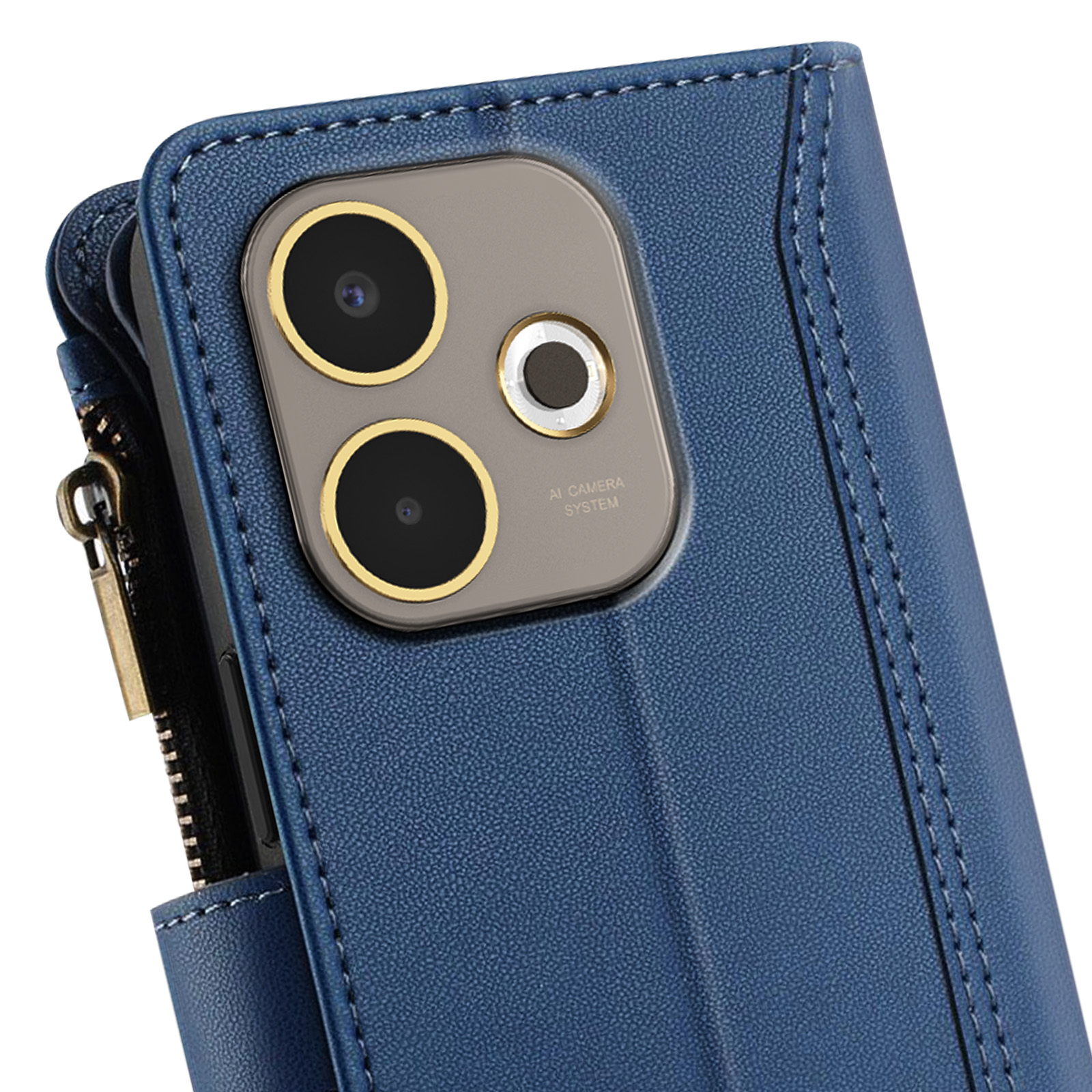 Una custodia per telefono blu con cerniera, un ritaglio per la fotocamera e un telefono con anelli dorati.