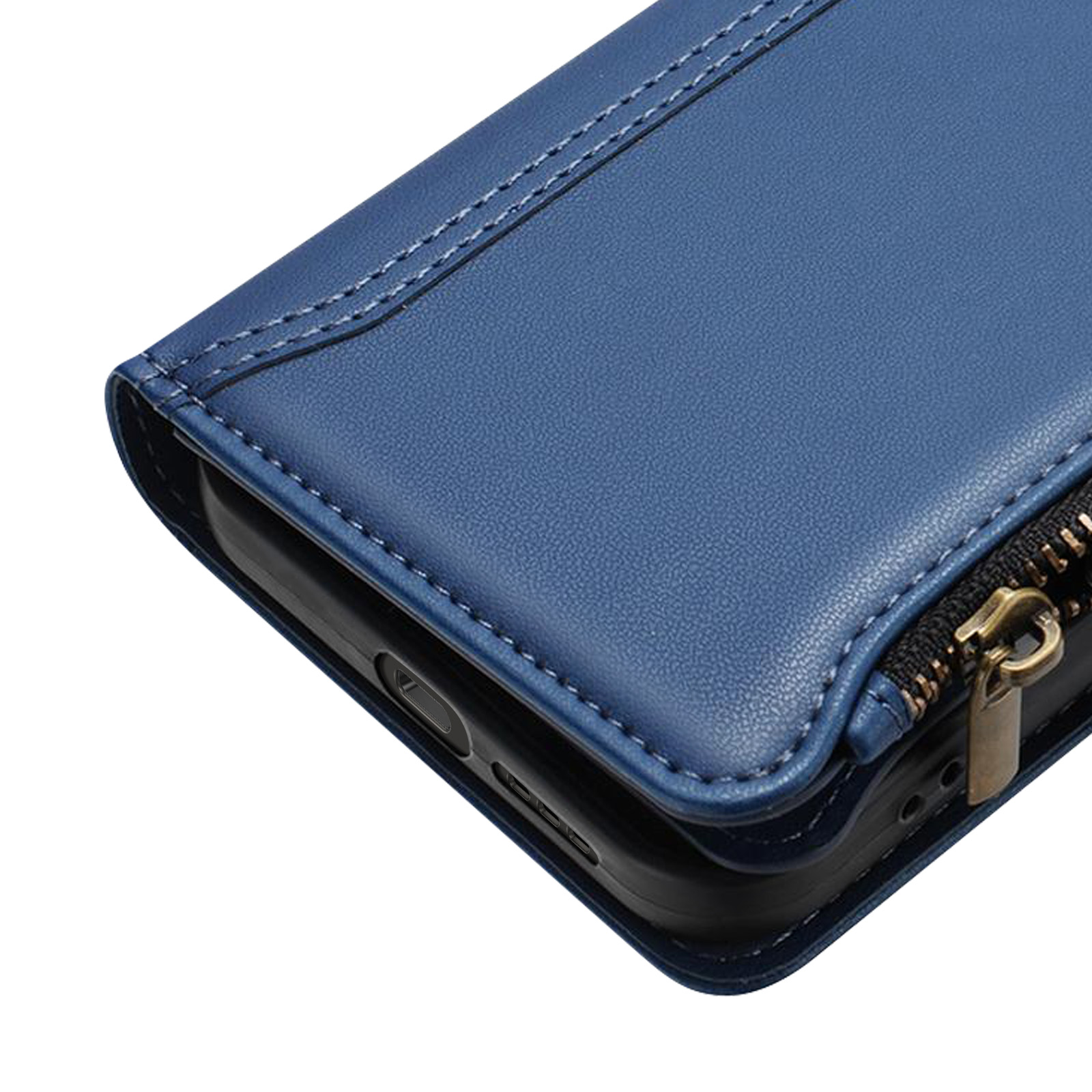 Primo piano di una custodia per telefono blu con cerniera, che mostra il lato di un telefono con porta di ricarica.