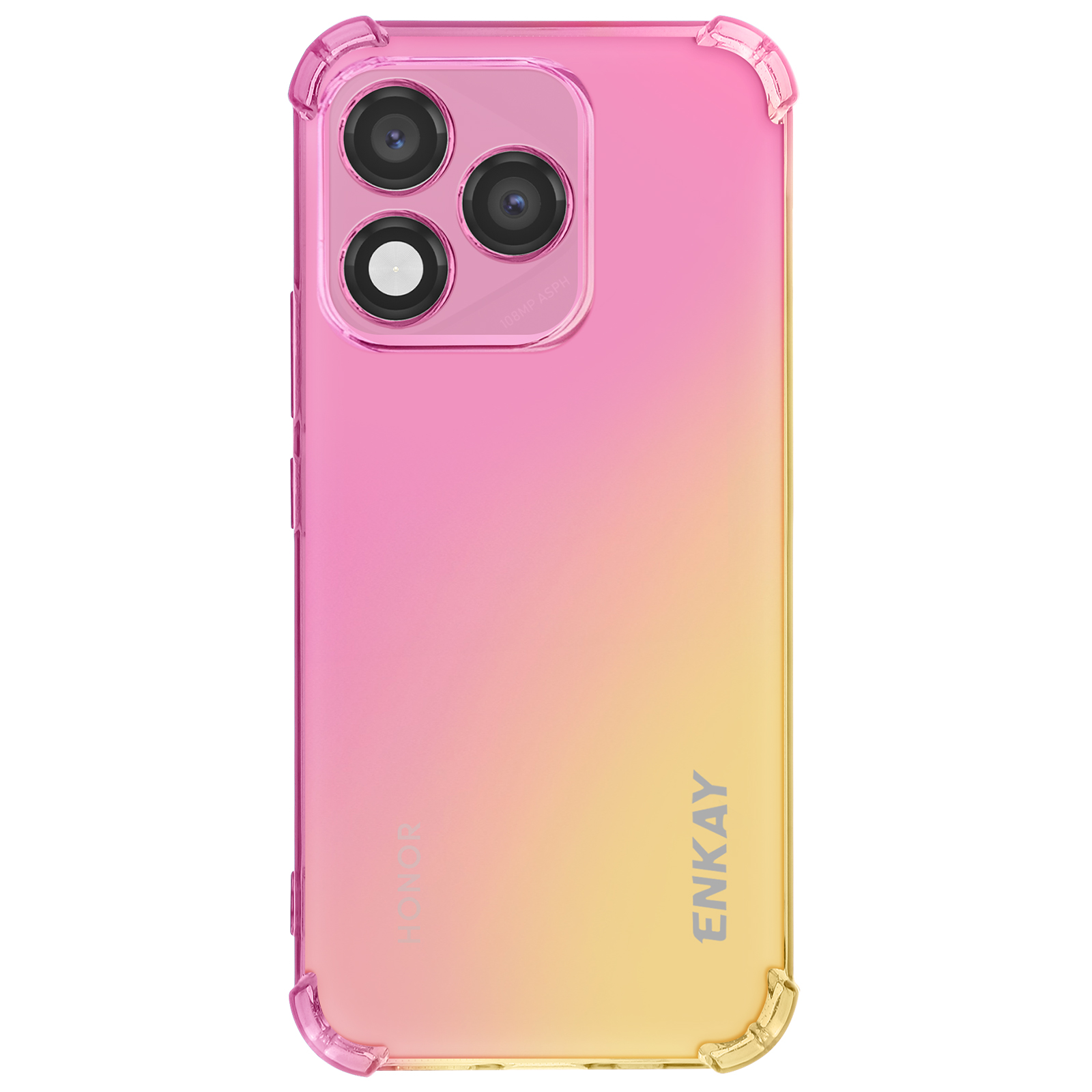 Una custodia per telefono con sfumatura rosa-gialla e tre obiettivi.