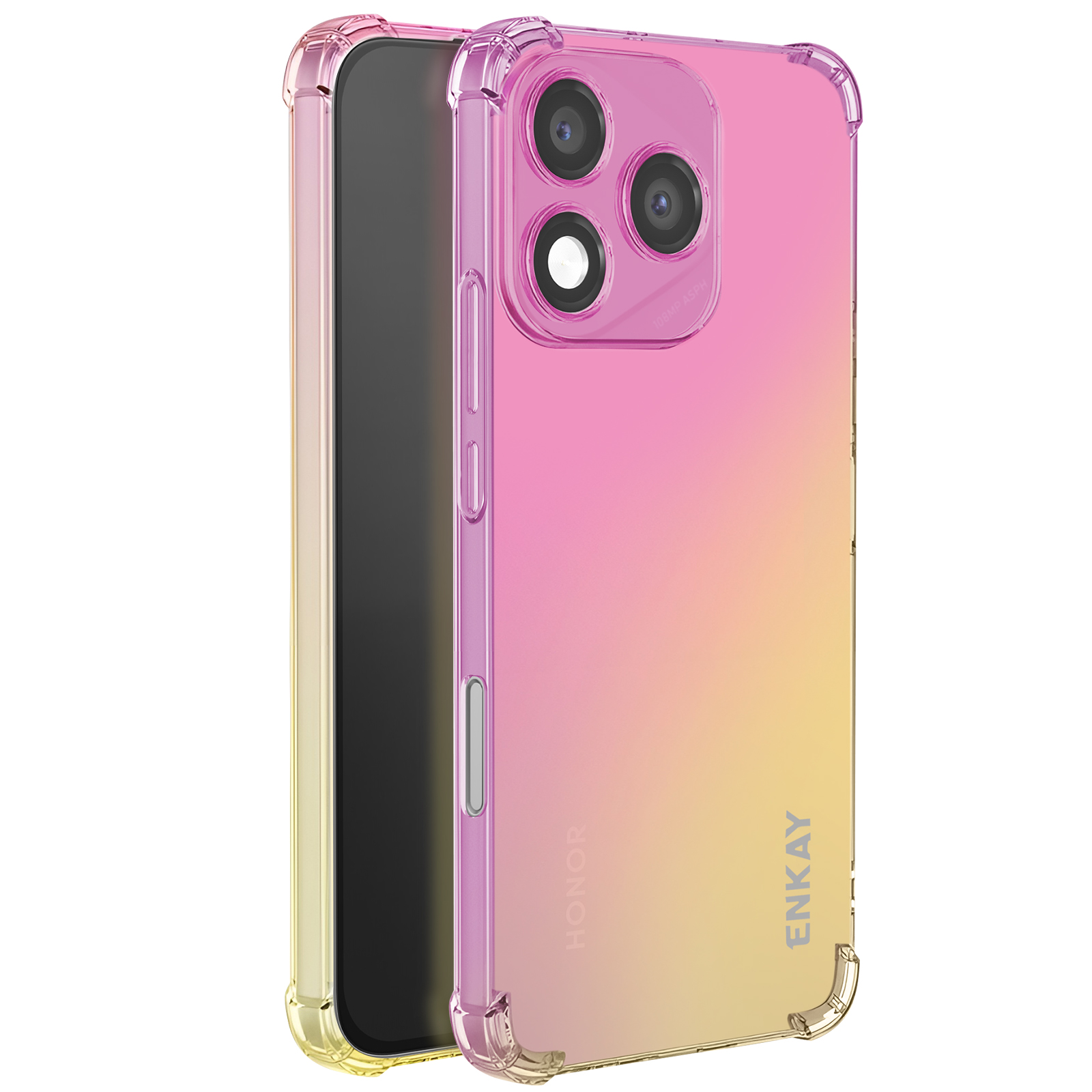 Una custodia per telefono sfumata rosa e gialla con un telefono all'interno. La custodia ha un design trasparente e protettivo.