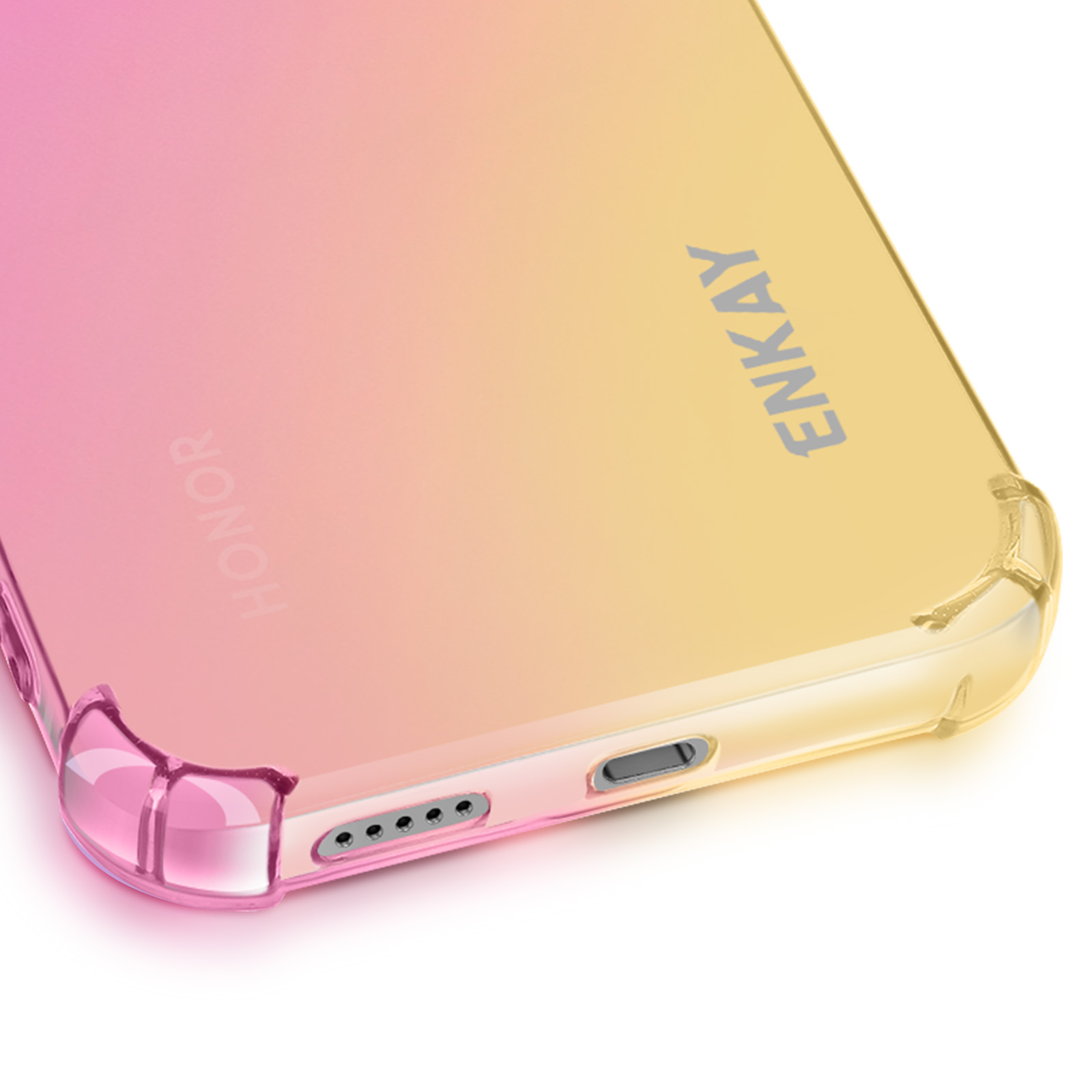 Una custodia trasparente per telefono con sfumatura rosa e gialla, con il nome del marchio Enkay.