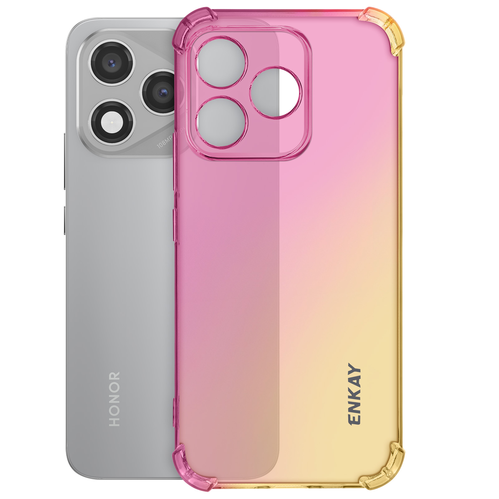 Una custodia per telefono sfumata rosa e gialla con un telefono all'interno. Il telefono ha tre fotocamere e il marchio è HONOR.