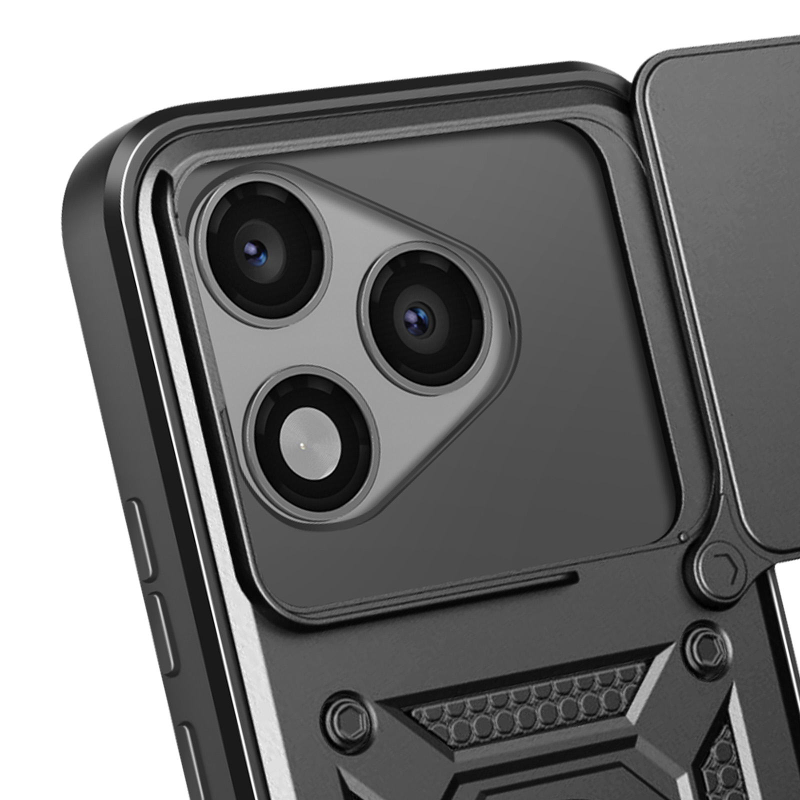 Close-up van een zwarte telefoonhoes met drie cameralenzen en een schuifdeksel.