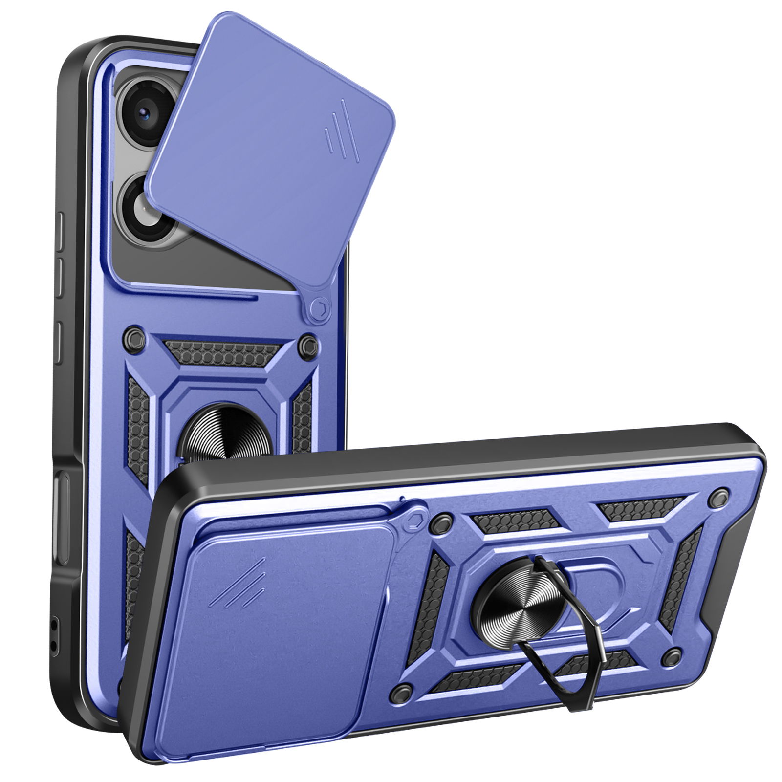 Una custodia per telefono blu con una copertura per fotocamera e un supporto ad anello su sfondo bianco.