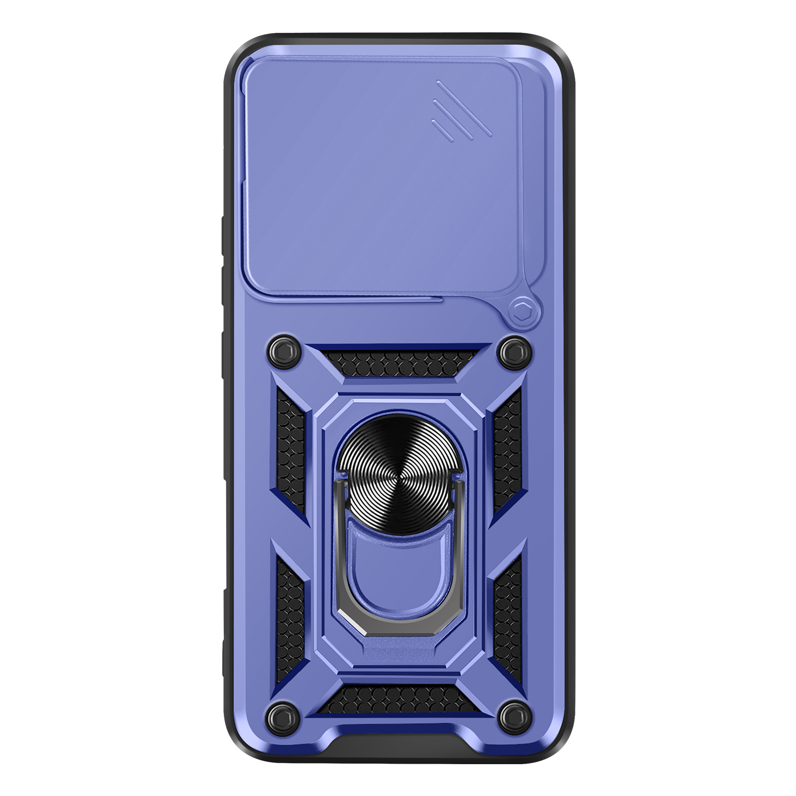 Una custodia per telefono blu e nera con un supporto ad anello e una copertura scorrevole per la fotocamera.