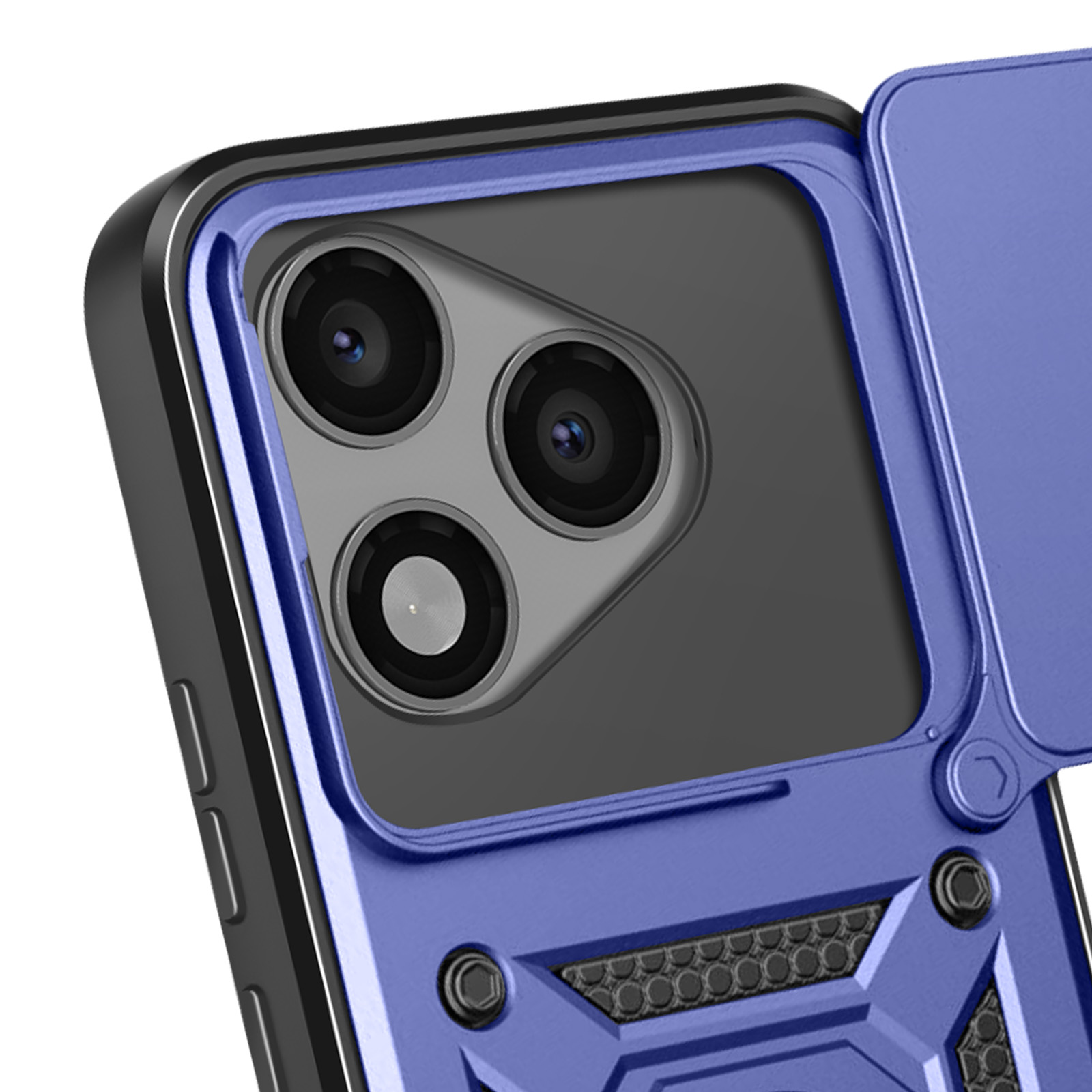 Primo piano di una custodia per telefono con cornice blu della fotocamera e lenti visibili.