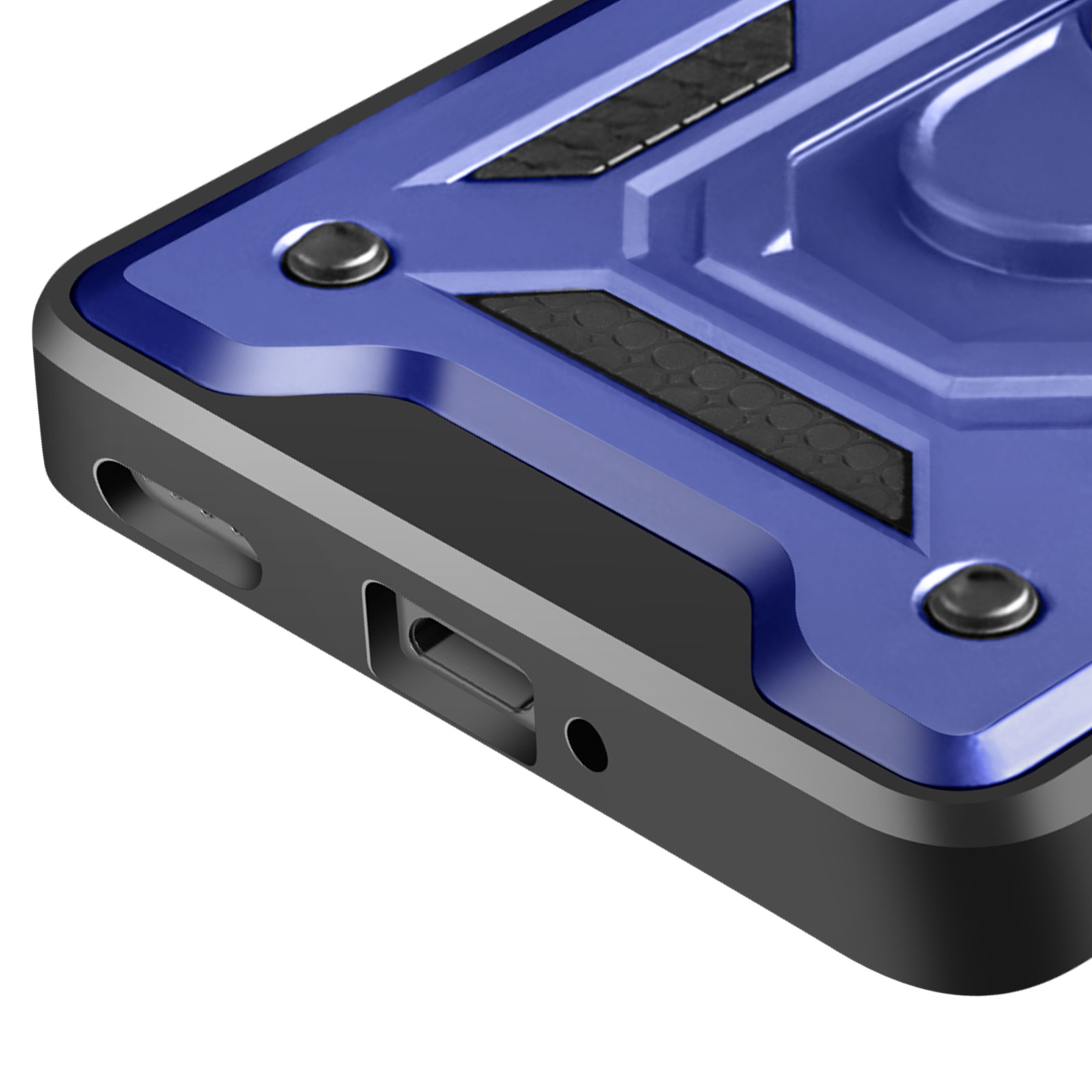 Primo piano di una custodia blu e nera per telefono. La custodia ha un design strutturato e un supporto ad anello.