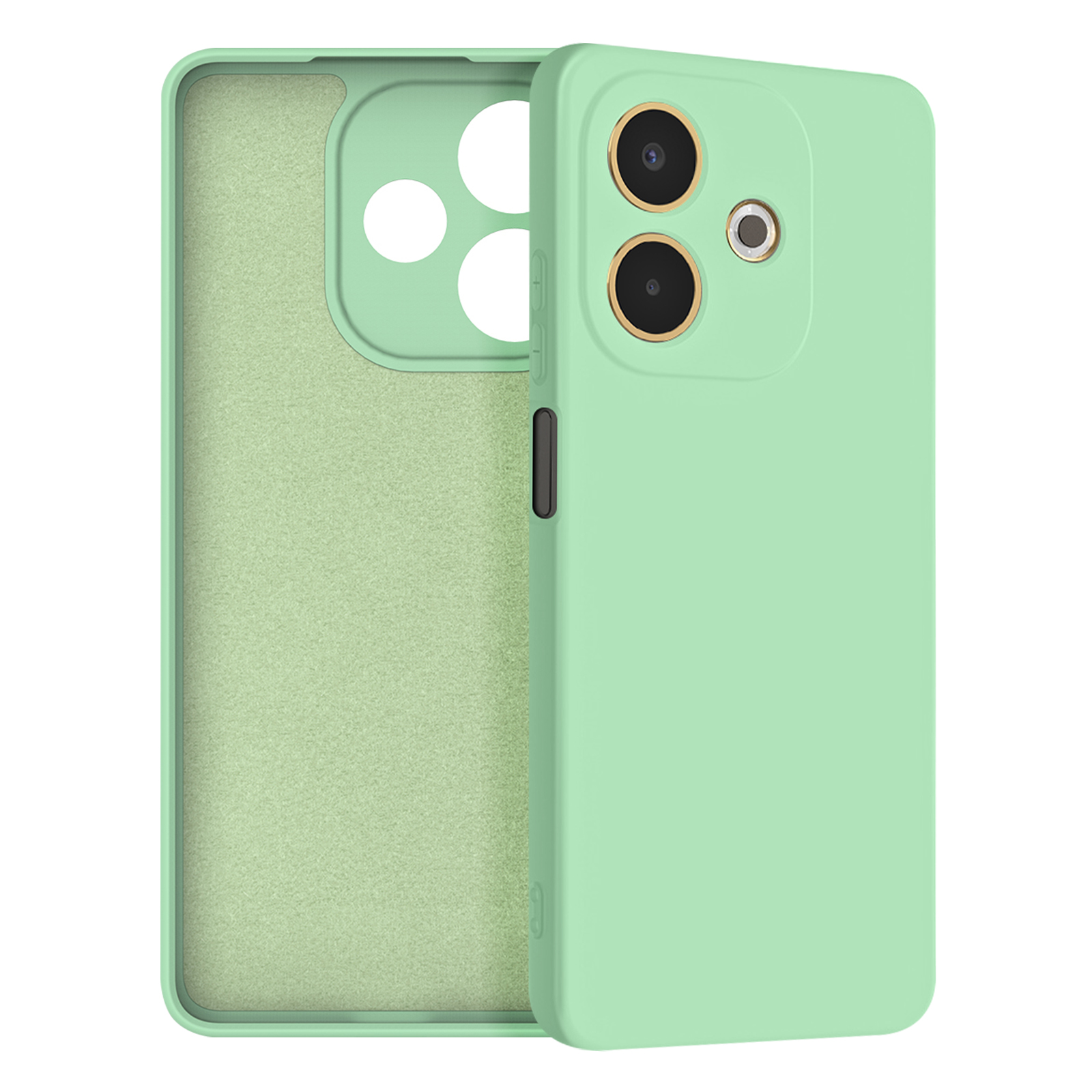 Una custodia per telefono verde chiaro con ritagli per fotocamera e interno visibile.