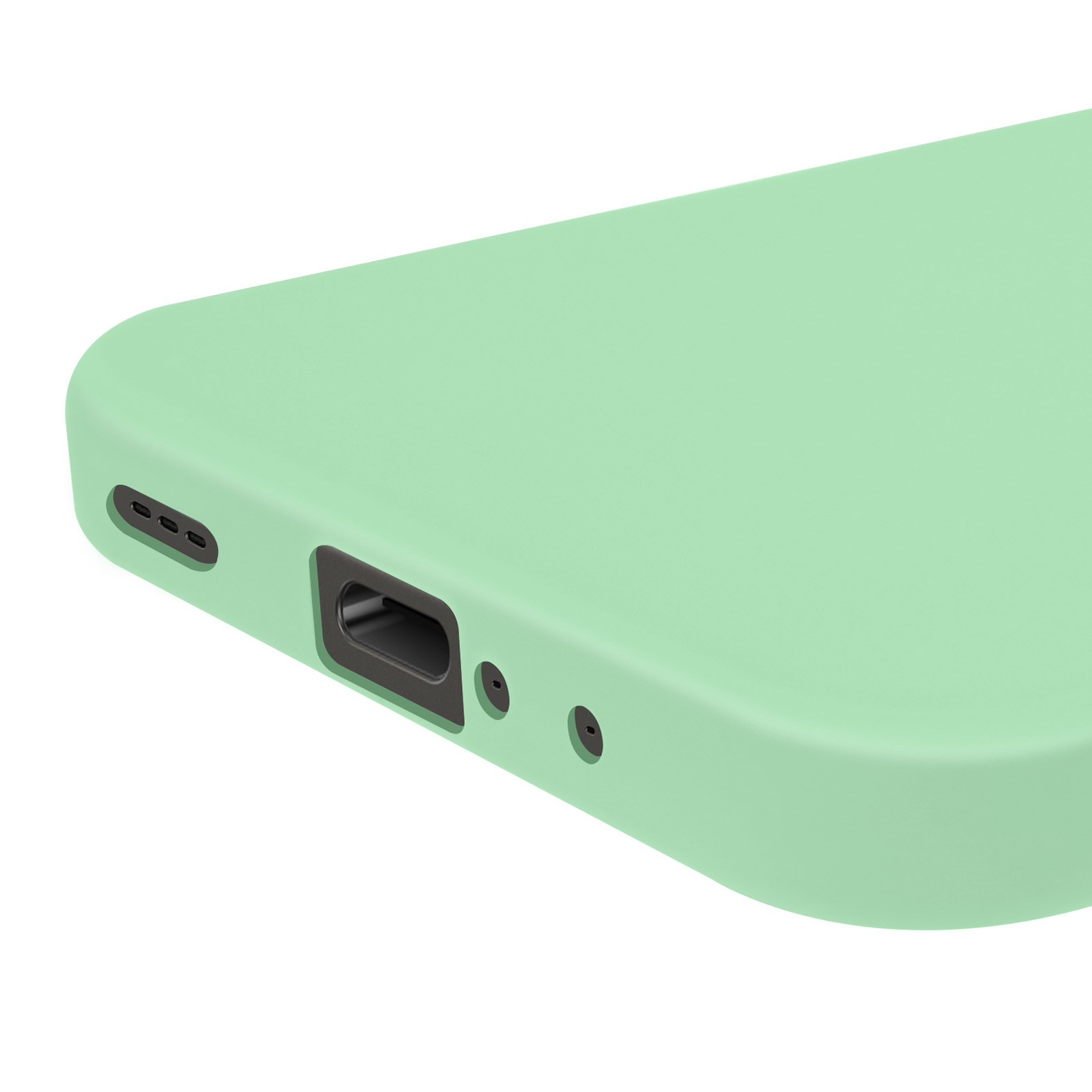 Primo piano del bordo inferiore di un telefono verde chiaro con fori visibili.