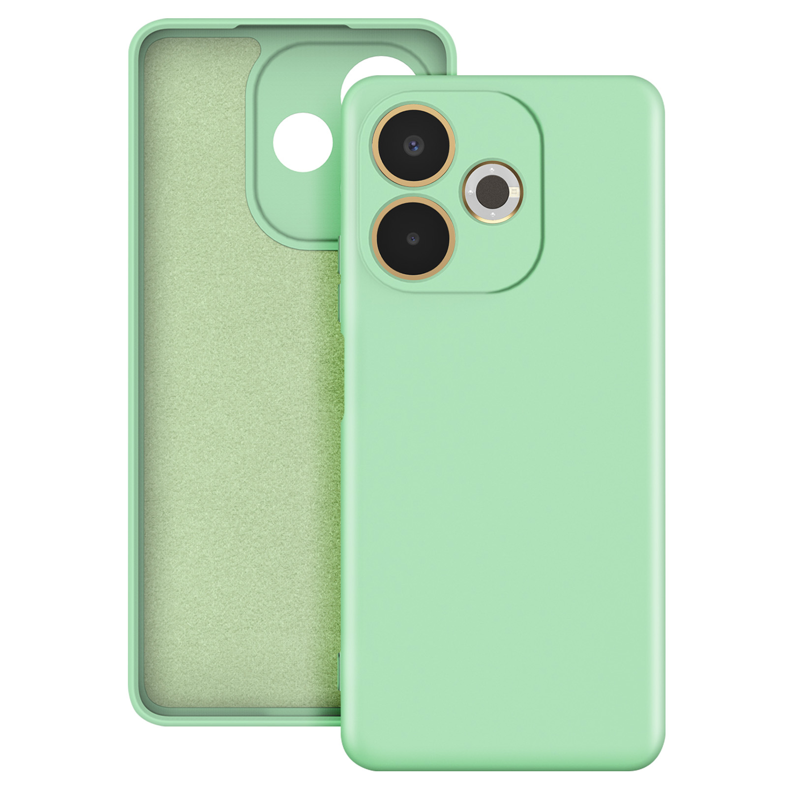 Una custodia per telefono verde menta con ritagli per fotocamera e interno verde chiaro.