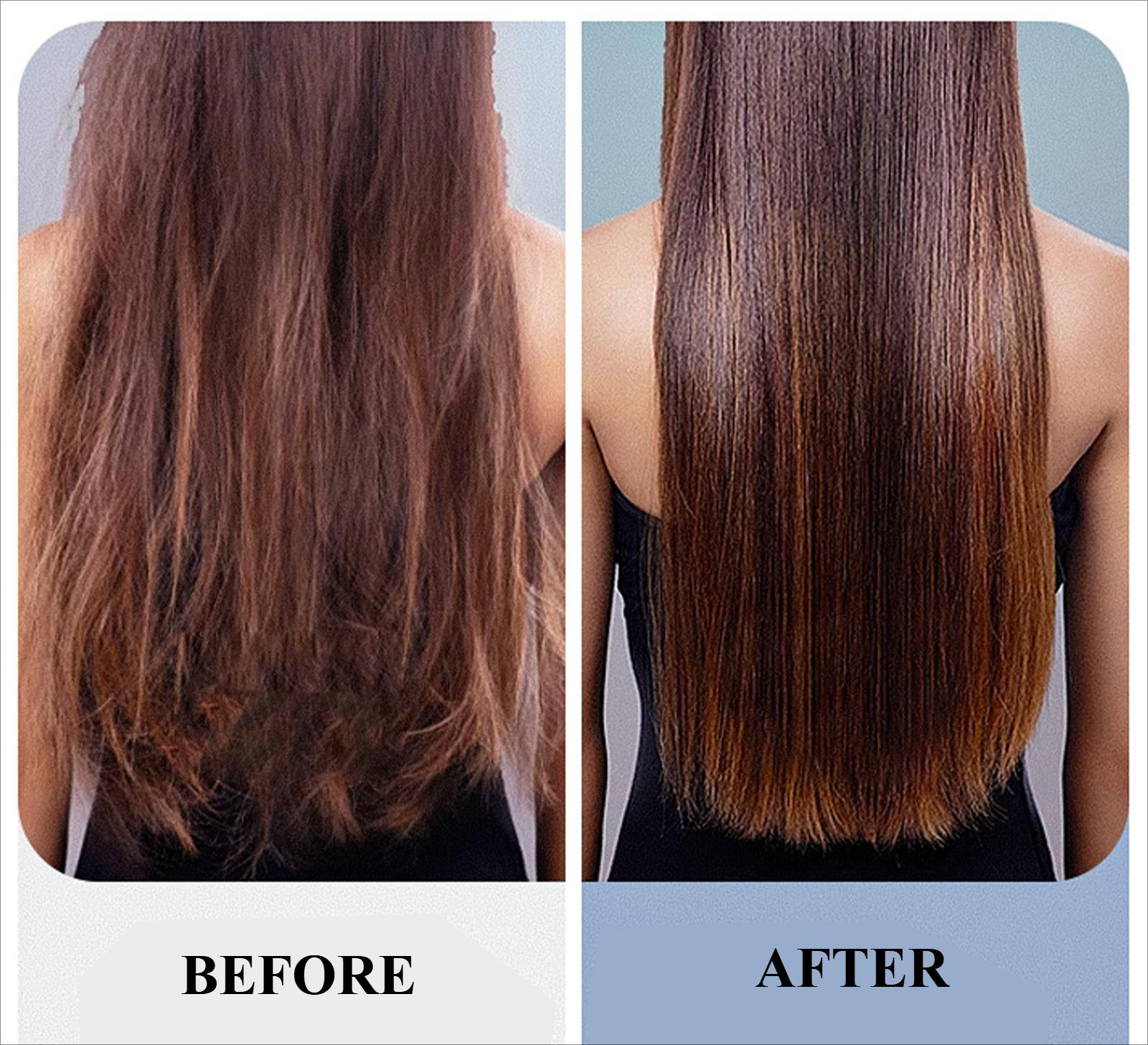 Ein Vorher-Nachher-Bild, das die Wirkung des Haarglättens zeigt. Der Text lautet 'VORHER' und 'NACHHER'.