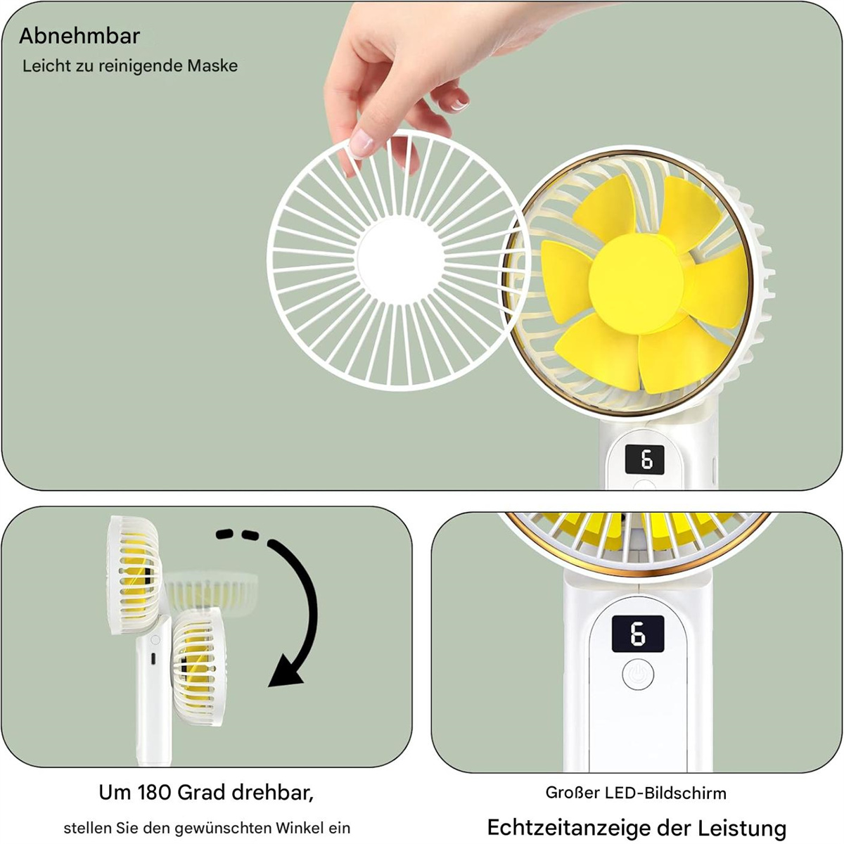 Ein weiß-gelber tragbarer Ventilator mit drehbarem Kopf und Steuerungsanzeige.