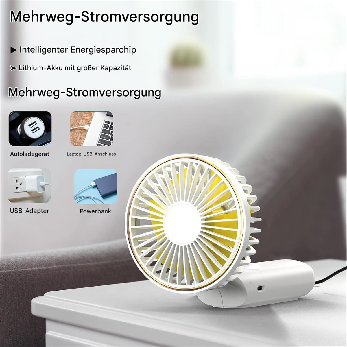 Ein weißer, tragbarer Ventilator mit goldfarbenen Verzierungen steht auf einer weißen Oberfläche. Symbole verschiedener Stromquellen werden gezeigt.