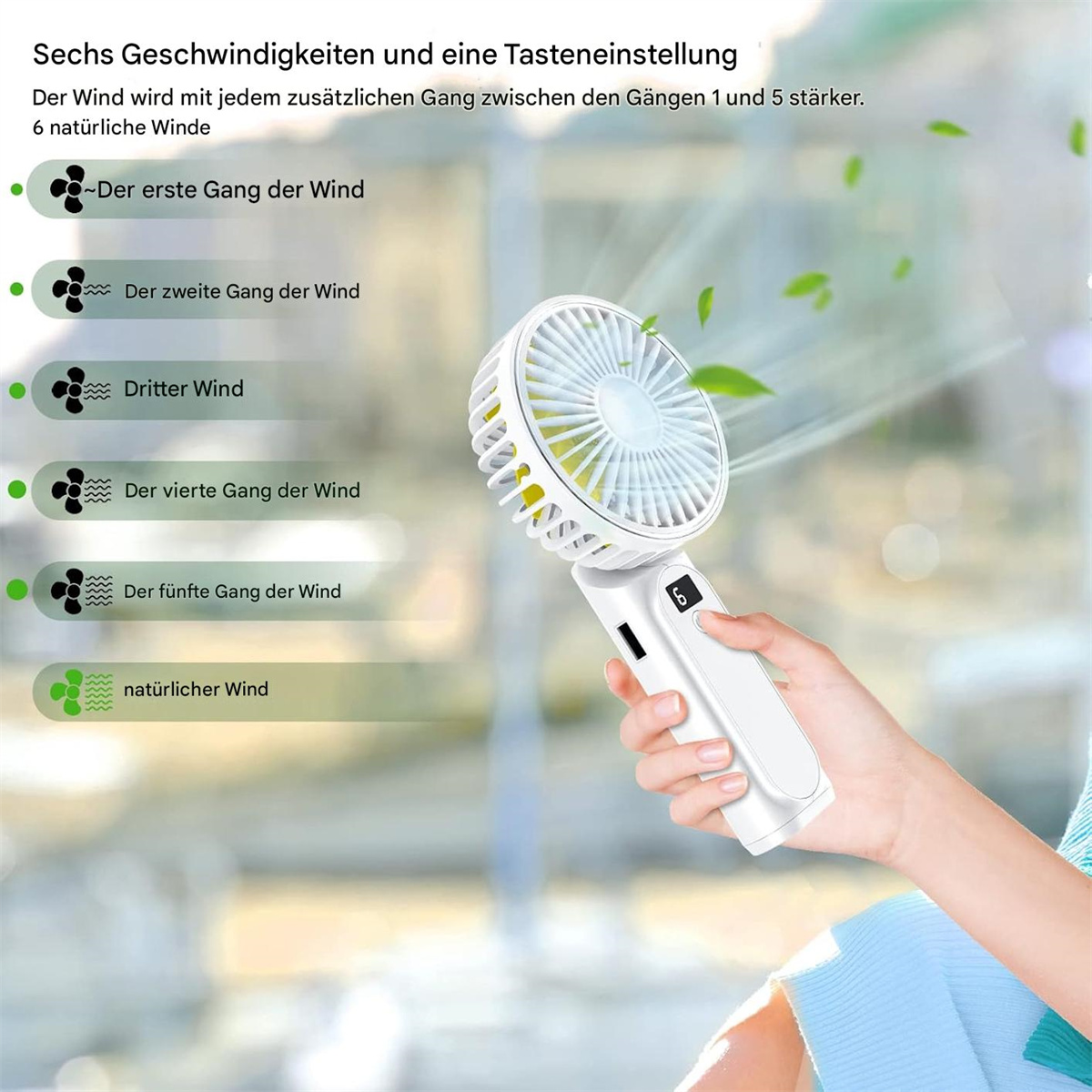 Eine Person hält einen weißen tragbaren Ventilator. Der Ventilator hat eine nummerierte Anzeige und ein weißes Gehäuse.