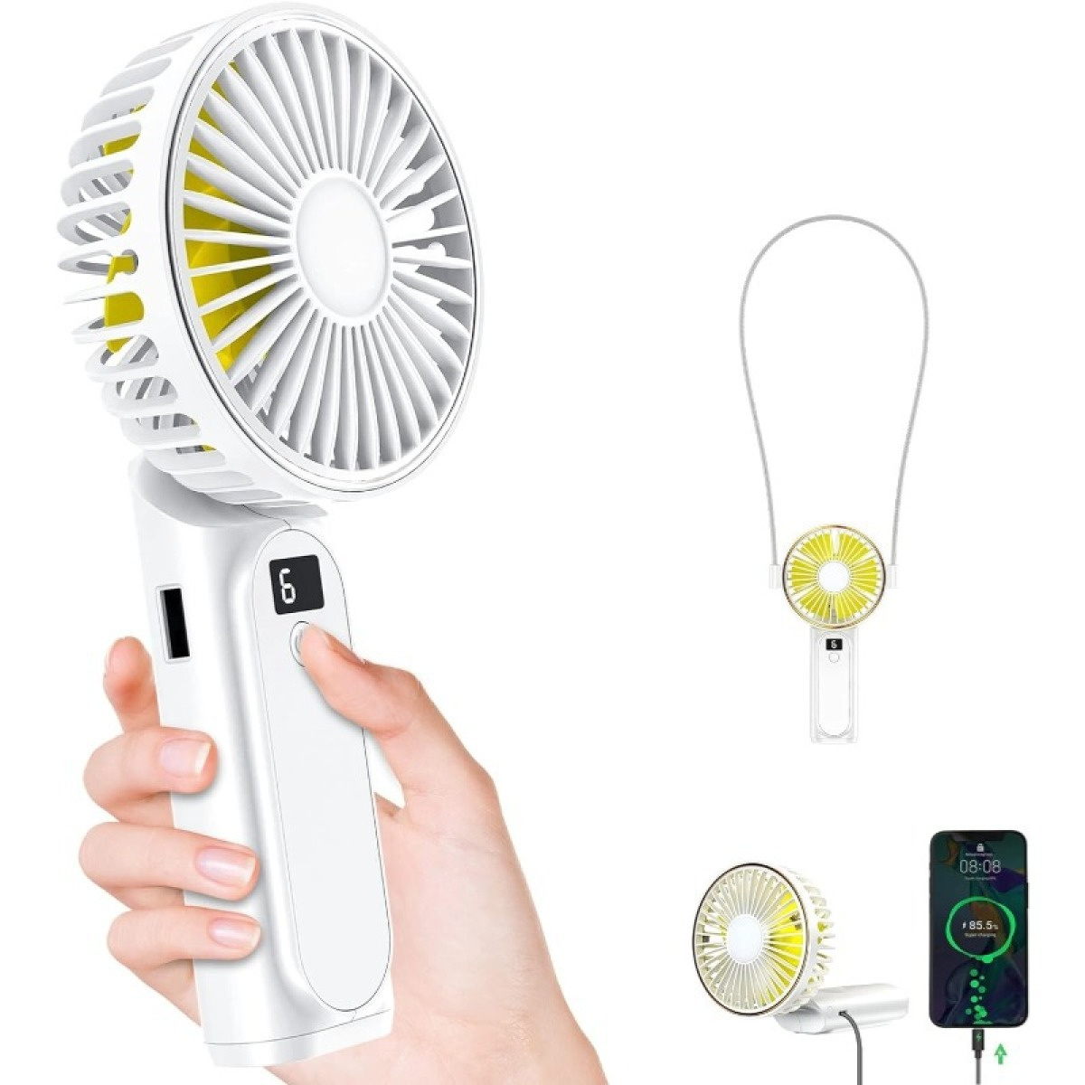 Ein tragbarer weißer Ventilator, gehalten von einer Hand, mit verschiedenen Ansichten, die seine Funktionen zeigen.