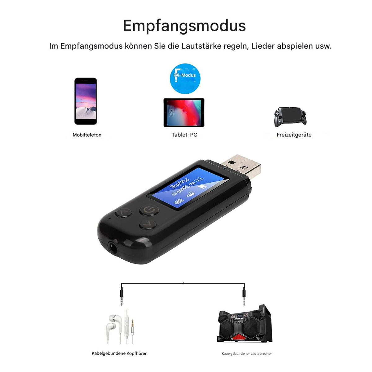 Ein schwarzer Bluetooth-Empfänger mit Knöpfen, Bildschirm und USB-Anschluss, mit Kopfhörern und Lautsprechern.