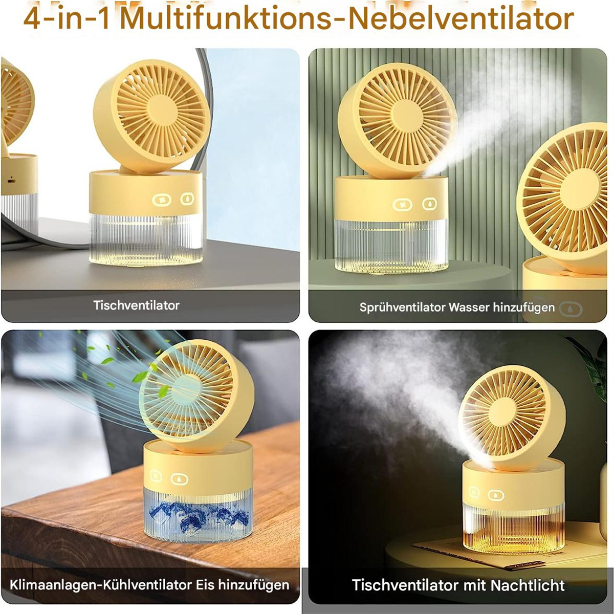 Vier Bilder eines gelben Mini-Ventilators. Einer hat Wasser, einer Eis, einer steht auf einem Tisch, einer ist nur der Ventilator.