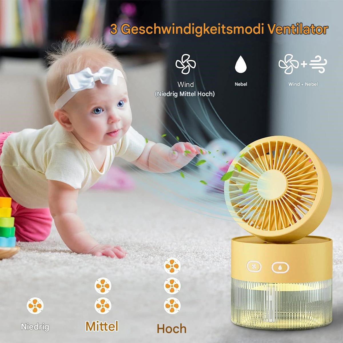 Ein Baby krabbelt auf einen gelben Ventilator zu. Der Ventilator hat drei Einstellungen: niedrig, mittel und hoch. Grüne Blätter sind vorhanden.