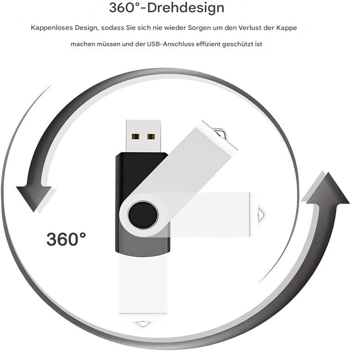 Ein USB-Stick mit drehbarem Design, umgeben von Pfeilen, die die Drehung zeigen.