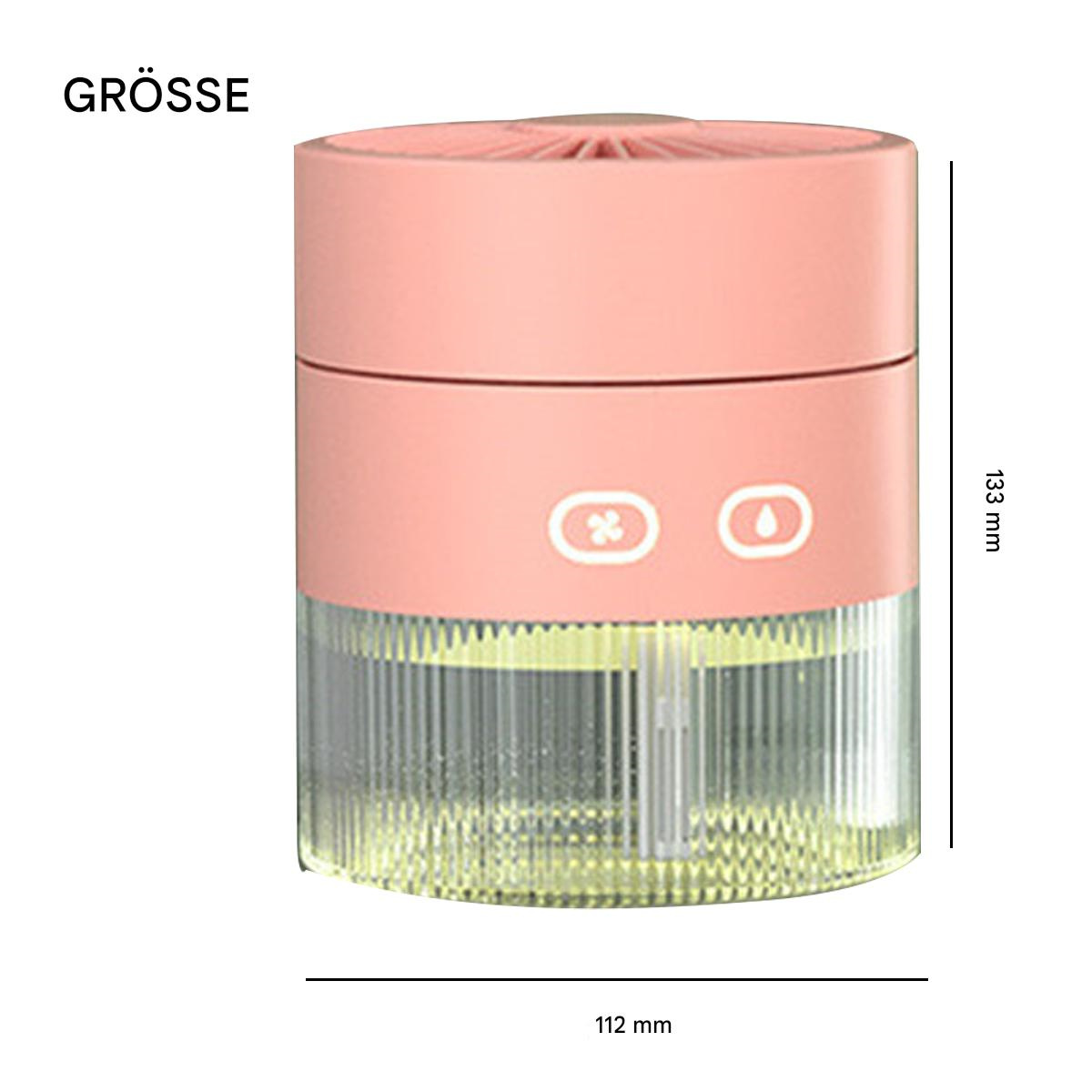 Ein rosa Luftbefeuchter mit Knöpfen und einem transparenten Wasserbehälter, Abmessungen angegeben.