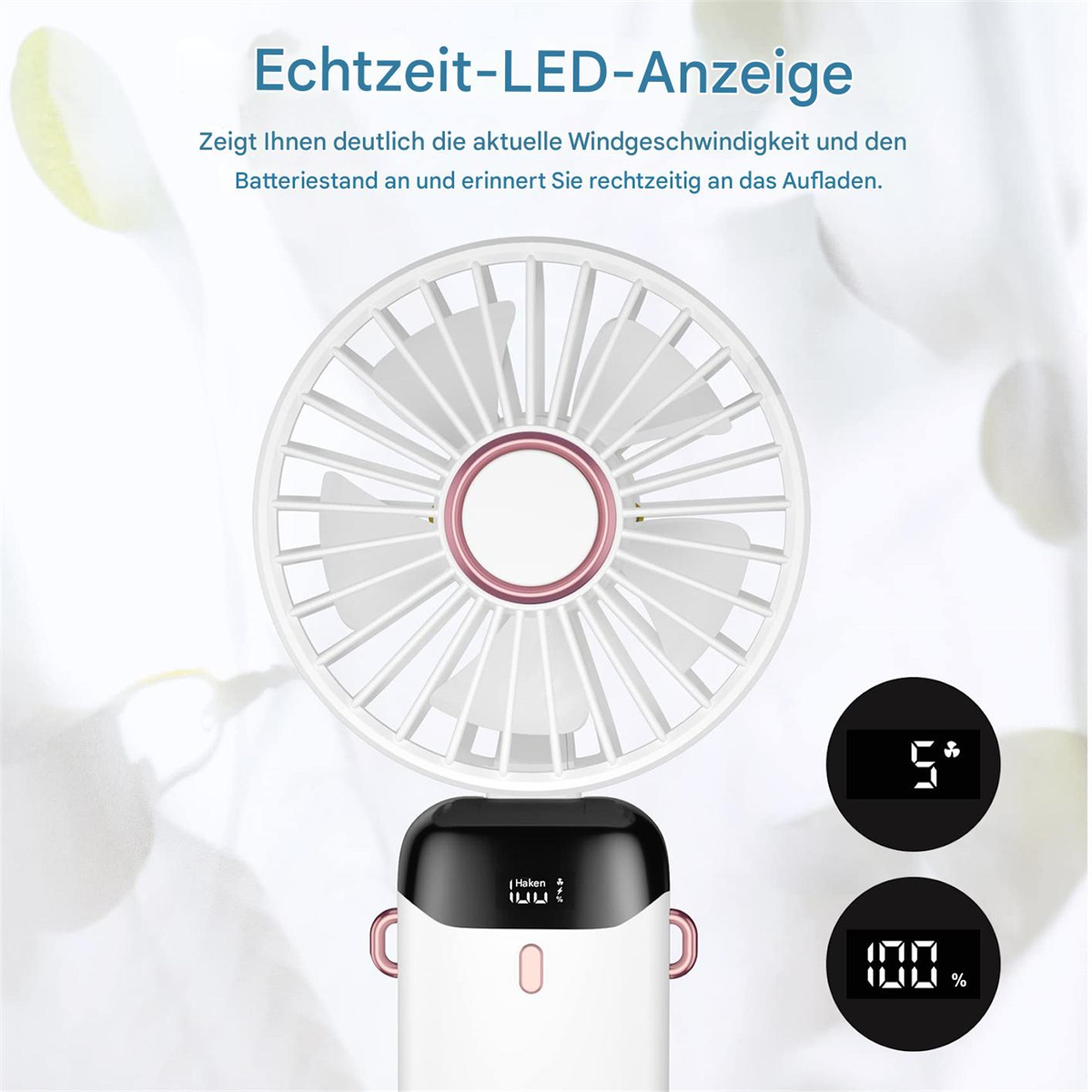 Ein kleiner weißer Ventilator mit digitaler Anzeige von Geschwindigkeit und Akkustand.