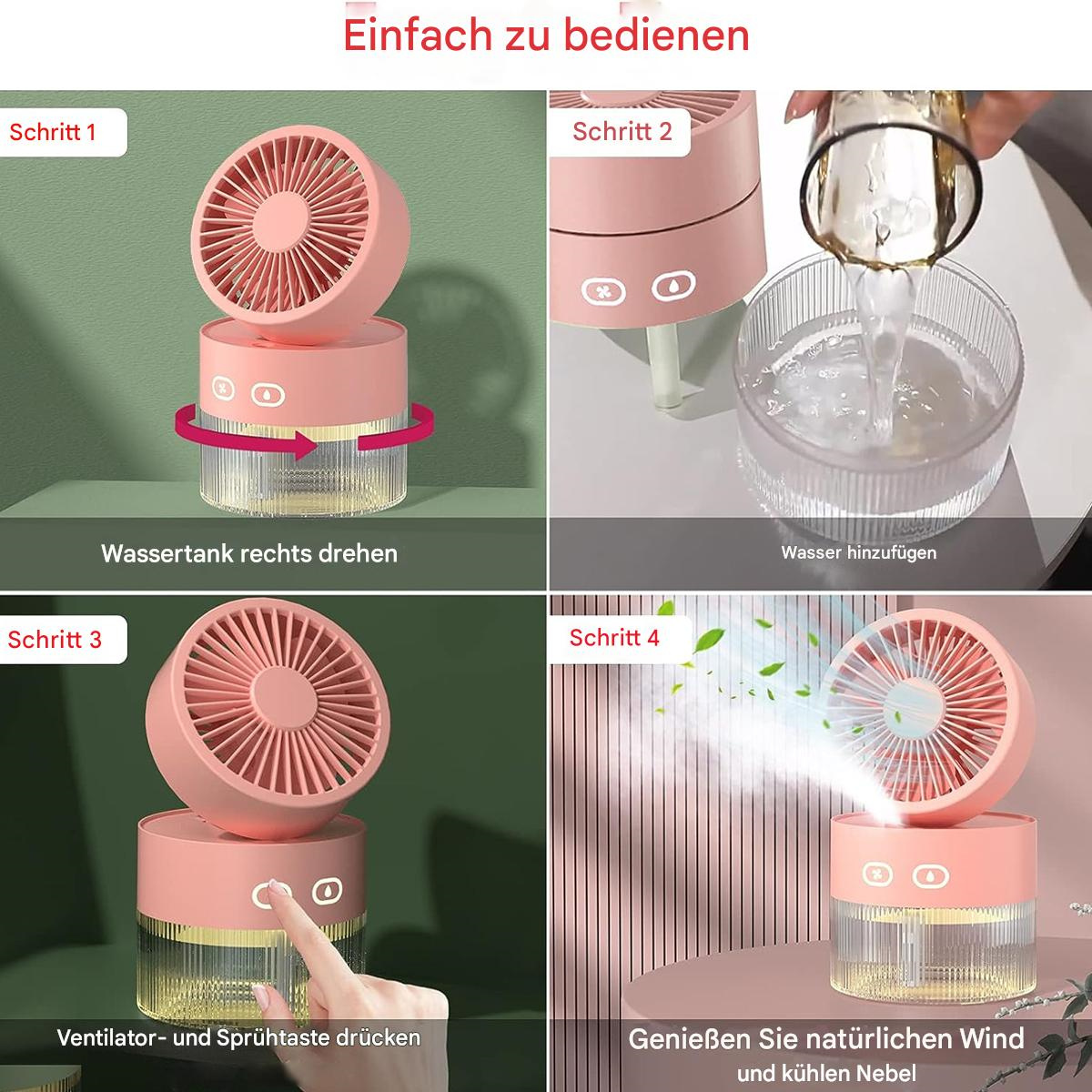 Ein rosa Ventilator mit Wassertank, in vier Schritten der Anwendung mit Textanweisungen gezeigt.
