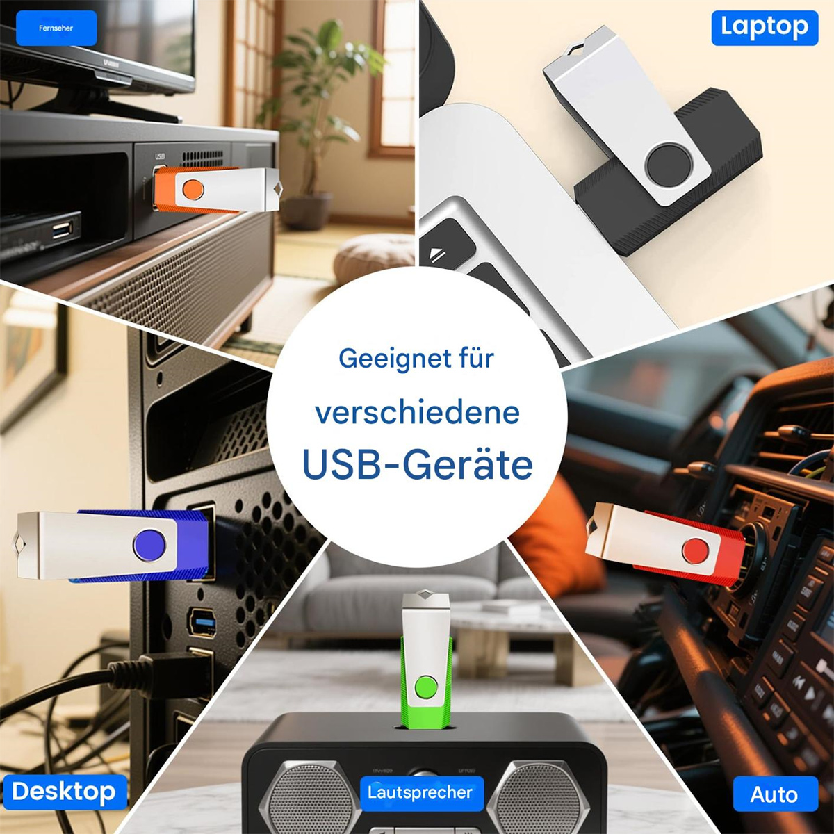 Verschiedene USB-Geräte, die an verschiedene Geräte wie Laptop, Desktop usw. angeschlossen sind.