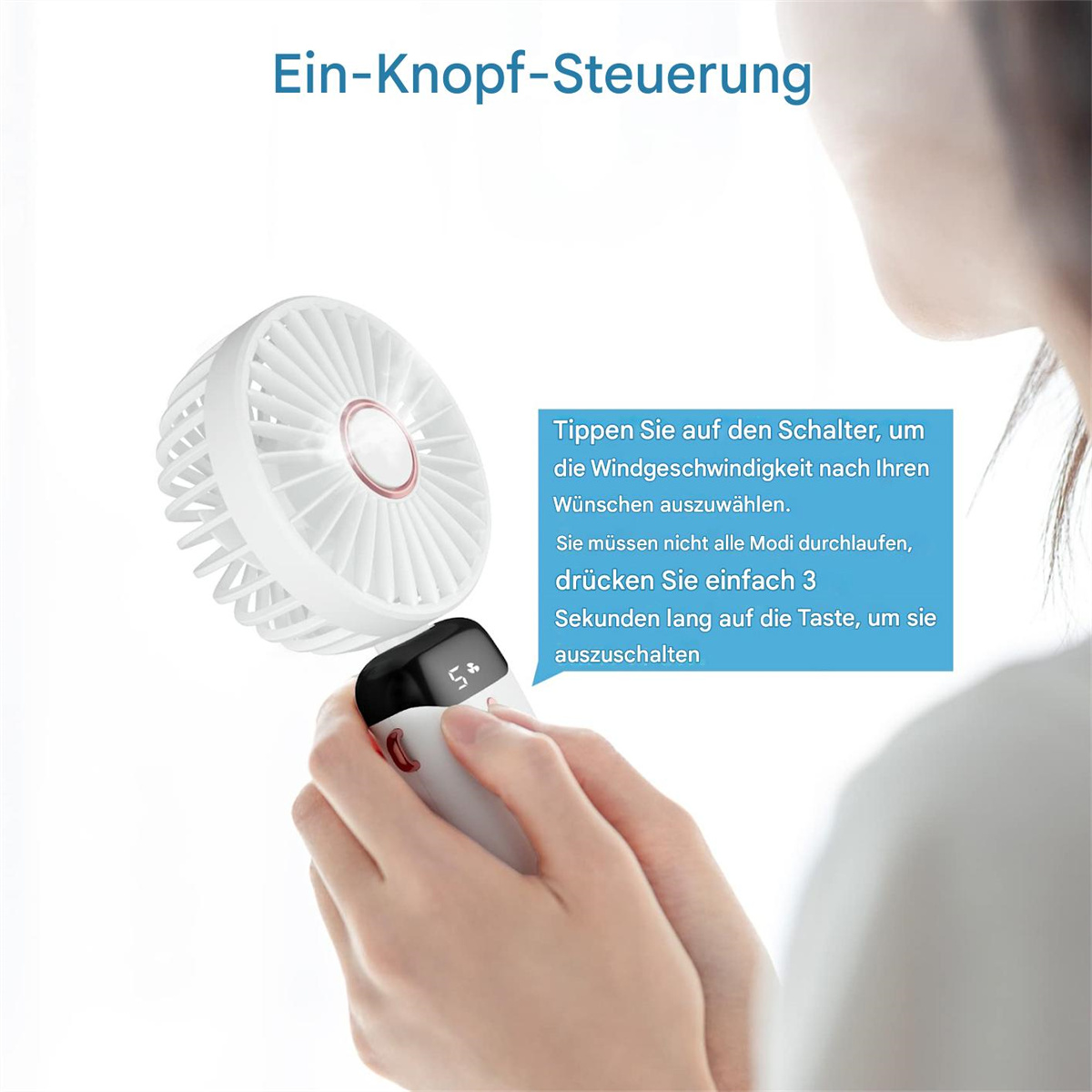 Person hält weißen Ventilator, mit Bildschirm, der '5' zeigt, und Textfeld mit Anweisungen.
