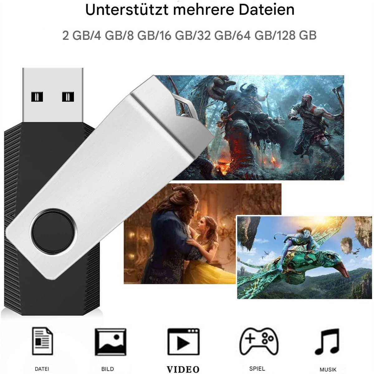 USB-Stick mit Filmszenen, Dateisymbolen und Gamecontroller.