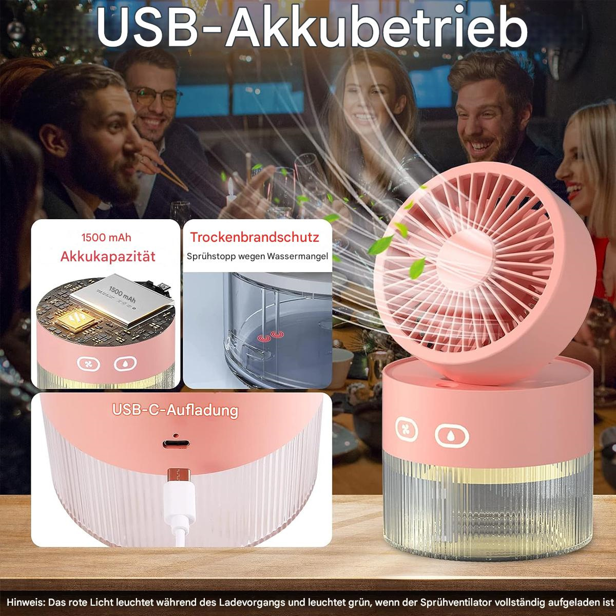 Kleiner rosa Ventilator mit verschwommenen Personen im Hintergrund.