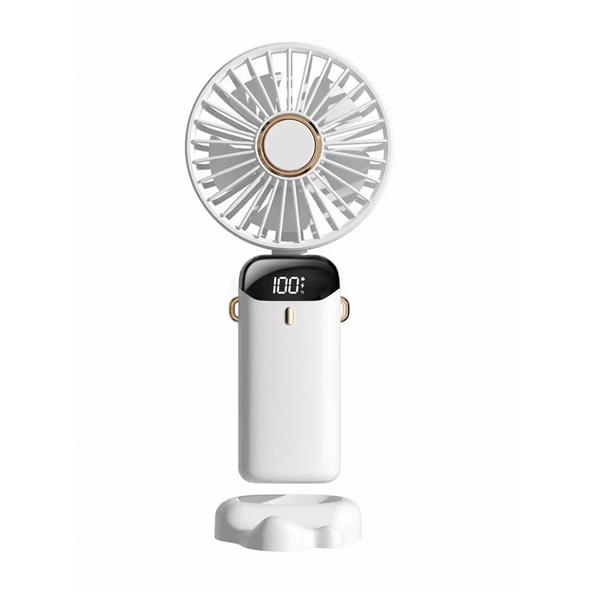 Weißer Ventilator mit Digitalanzeige, die 100% anzeigt, und einem Ständer.